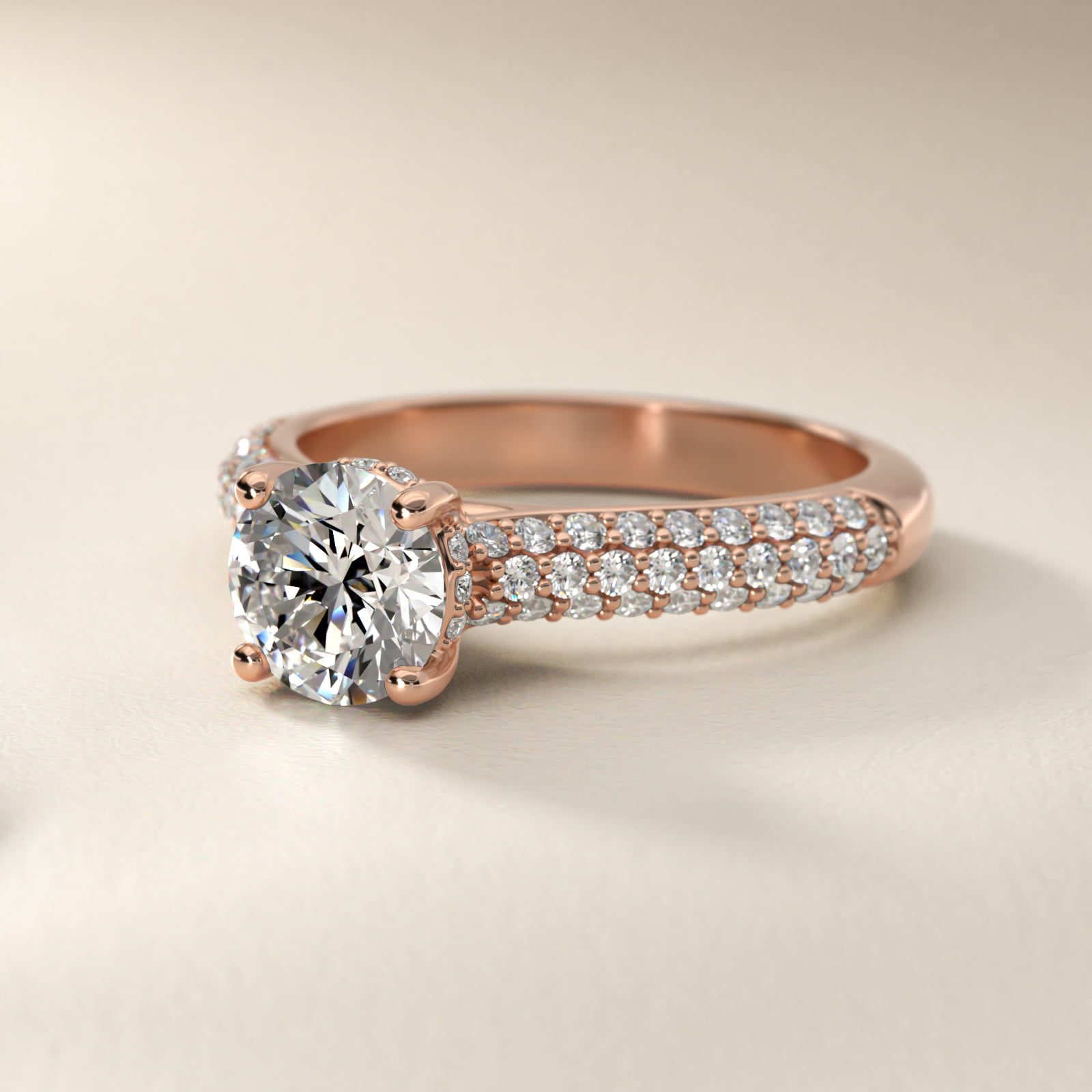 Triple Row Pavé Cathedral Diamond Engagement Ring In 14K Rose Gold