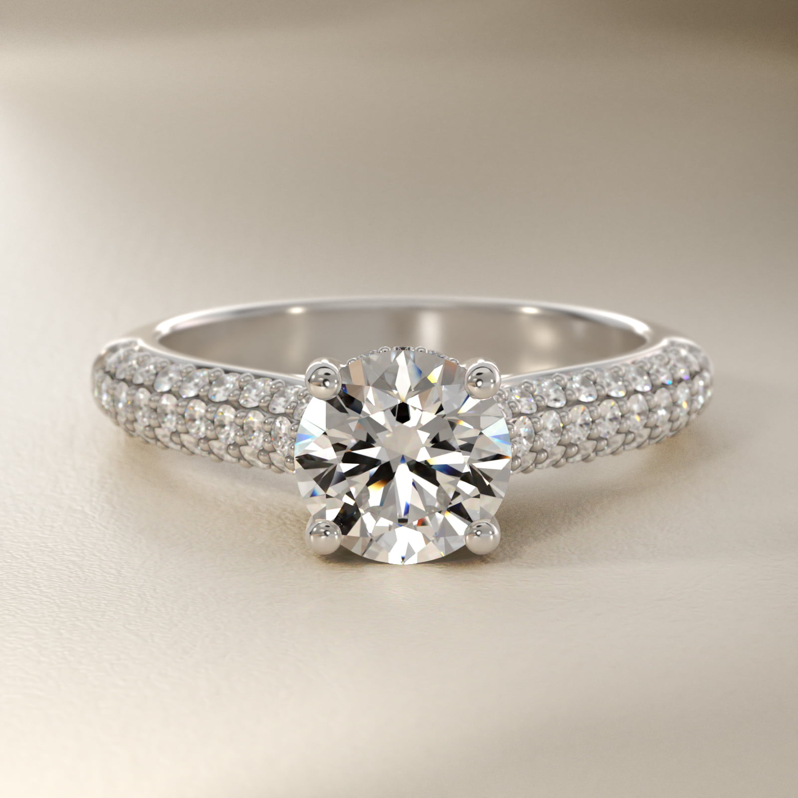 Triple Row Pavé Cathedral Diamond Engagement Ring In 14K White Gold