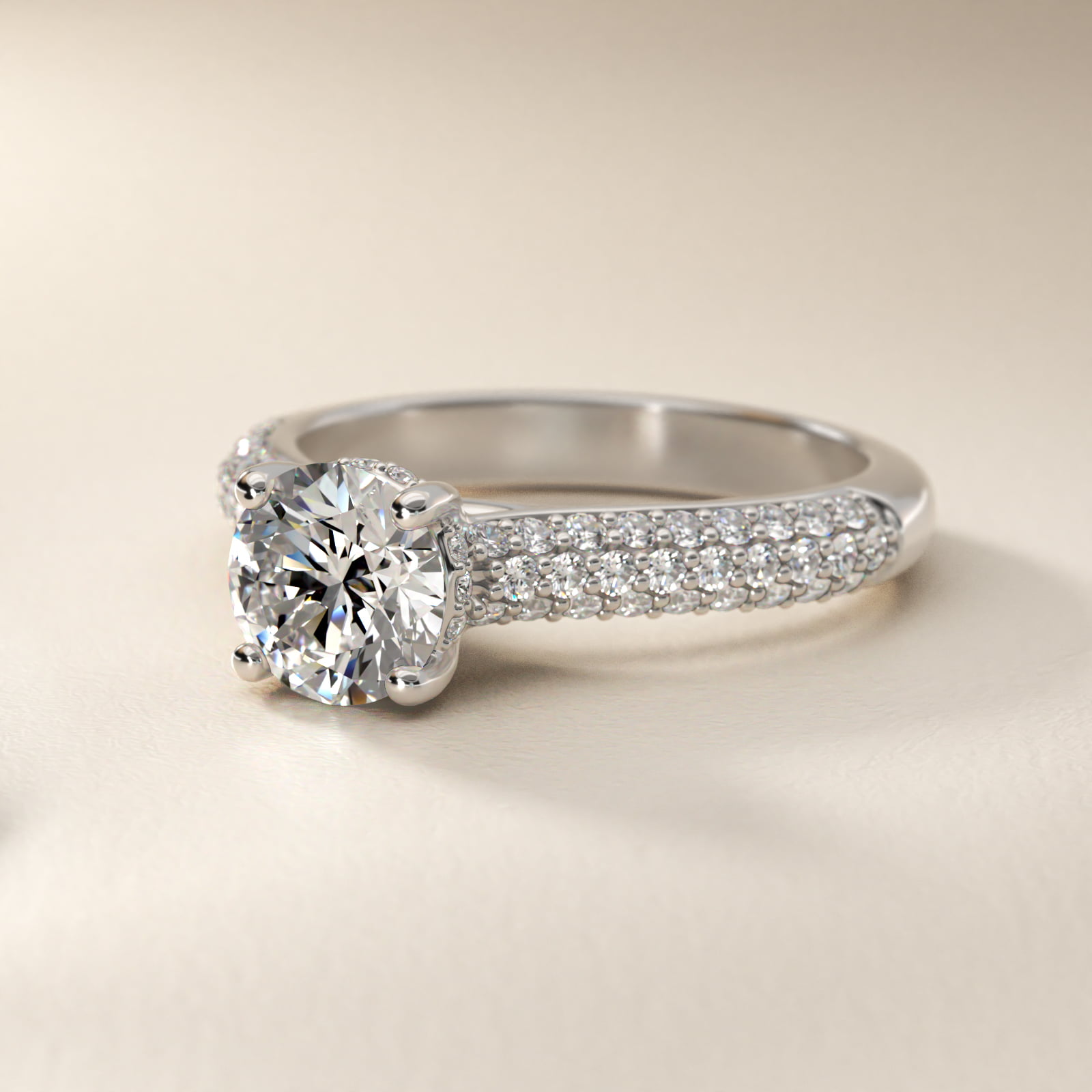 Triple Row Pavé Cathedral Diamond Engagement Ring In Platinum