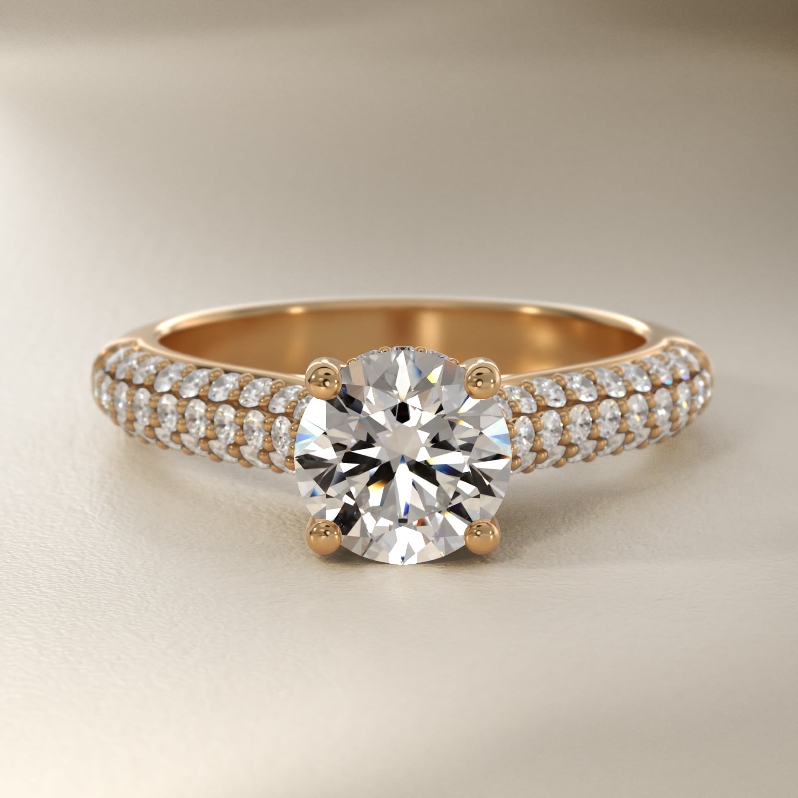 Triple Row Pavé Cathedral Diamond Engagement Ring In 18K Yellow Gold