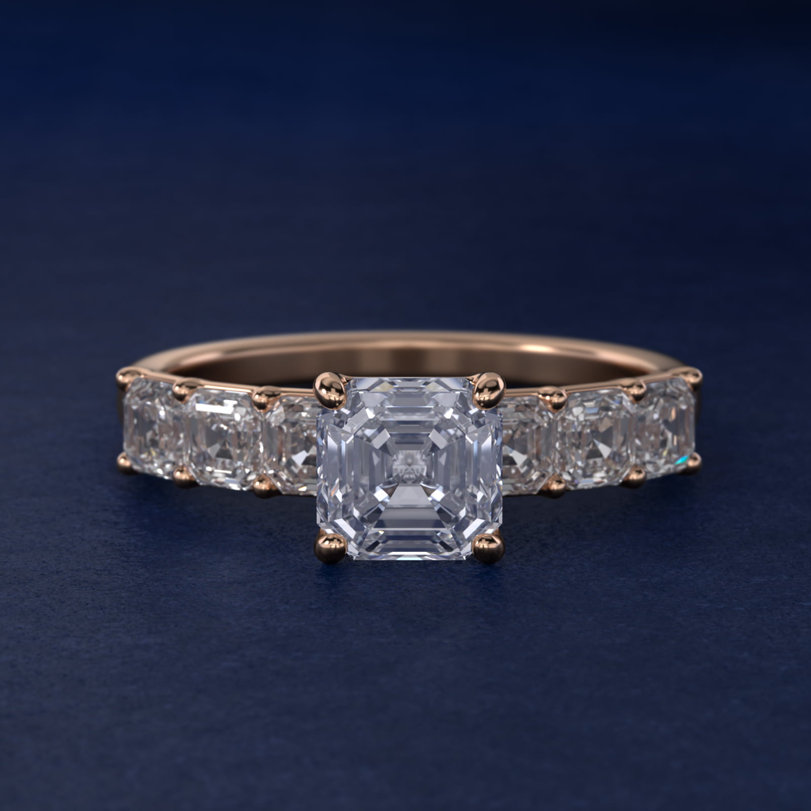 Asscher Cut Side Stone Diamond Engagement Ring In 14K Rose Gold