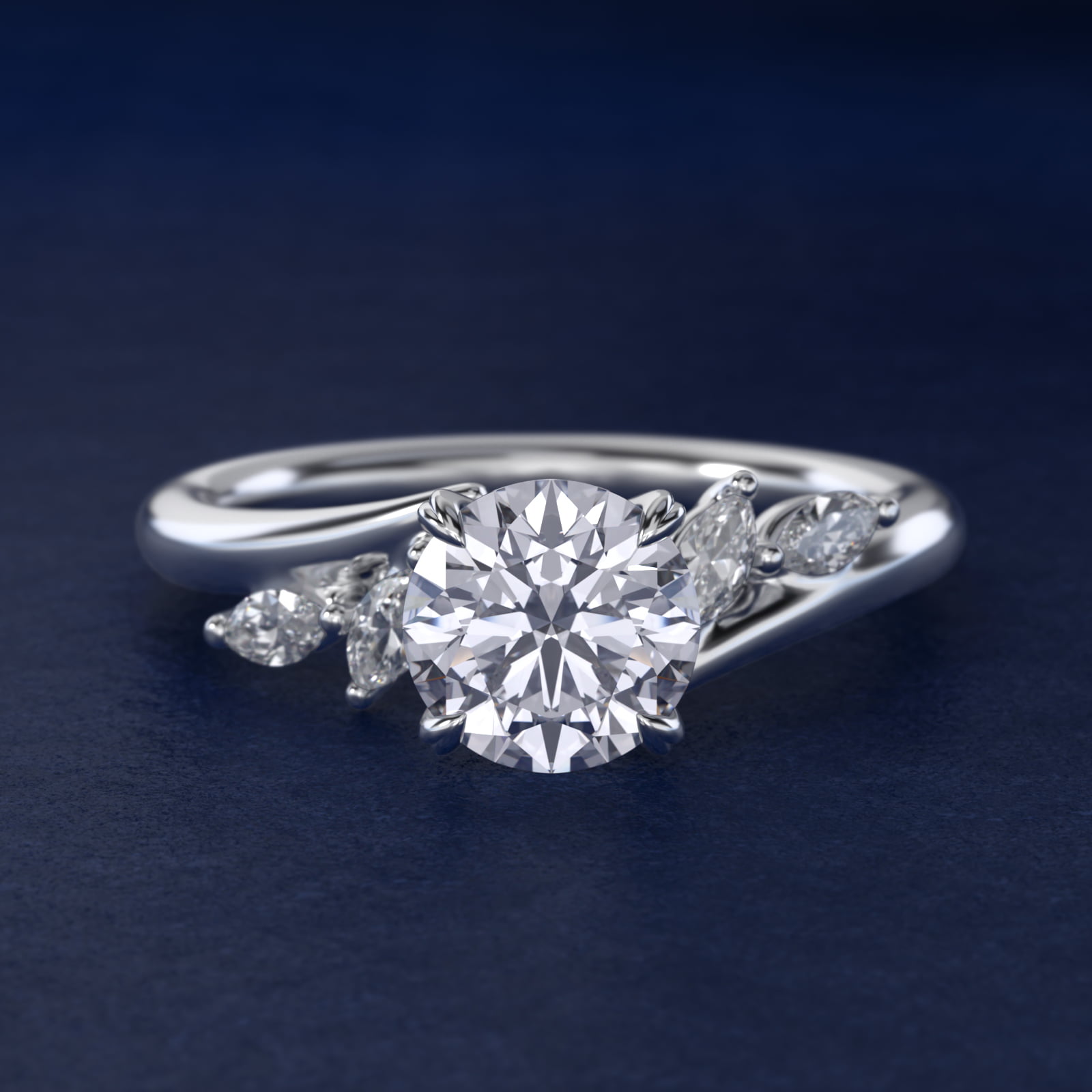 Bypass Marquise Array Side Stone Diamond Engagement Ring In 18K White Gold