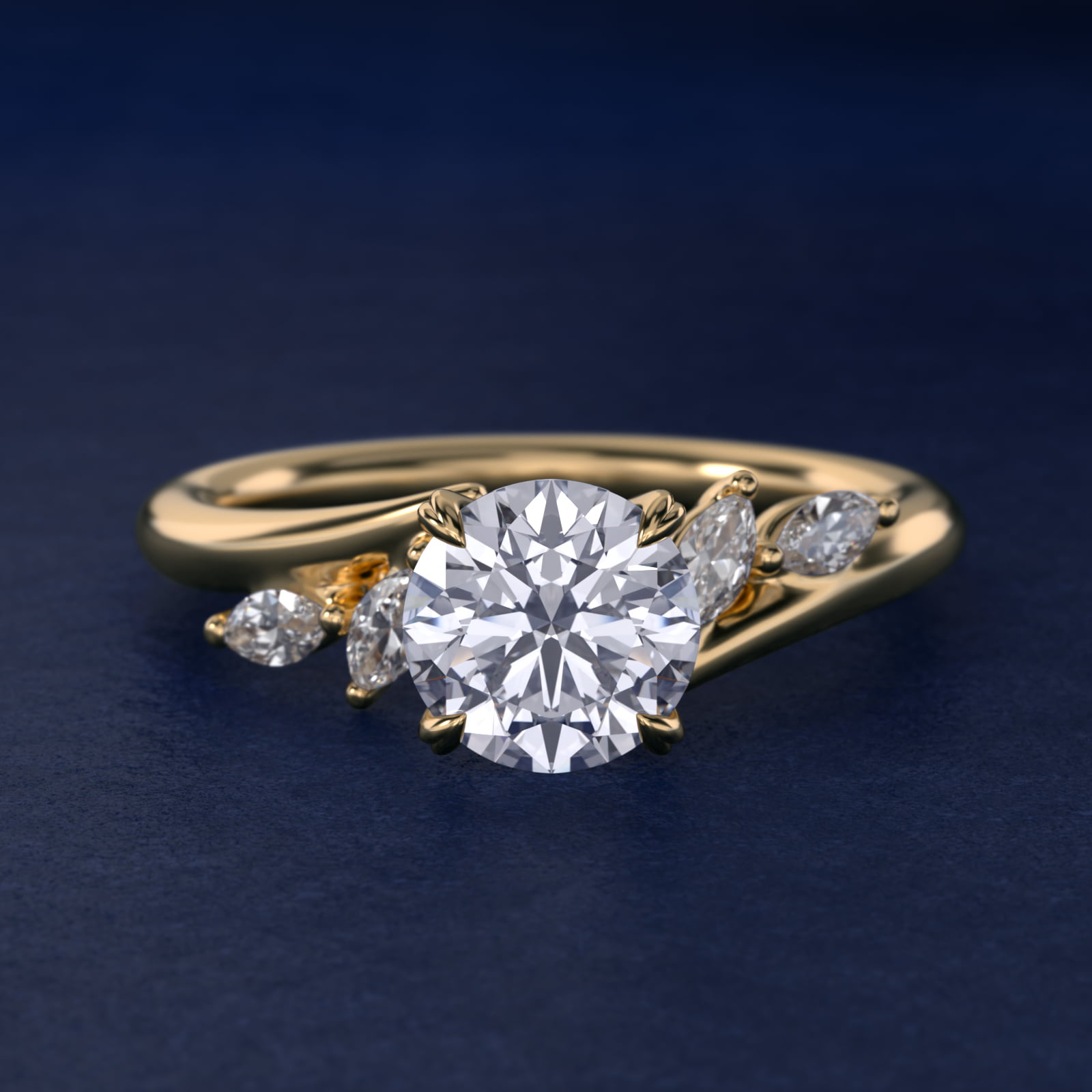 Bypass Marquise Array Side Stone Diamond Engagement Ring In 14K Yellow Gold