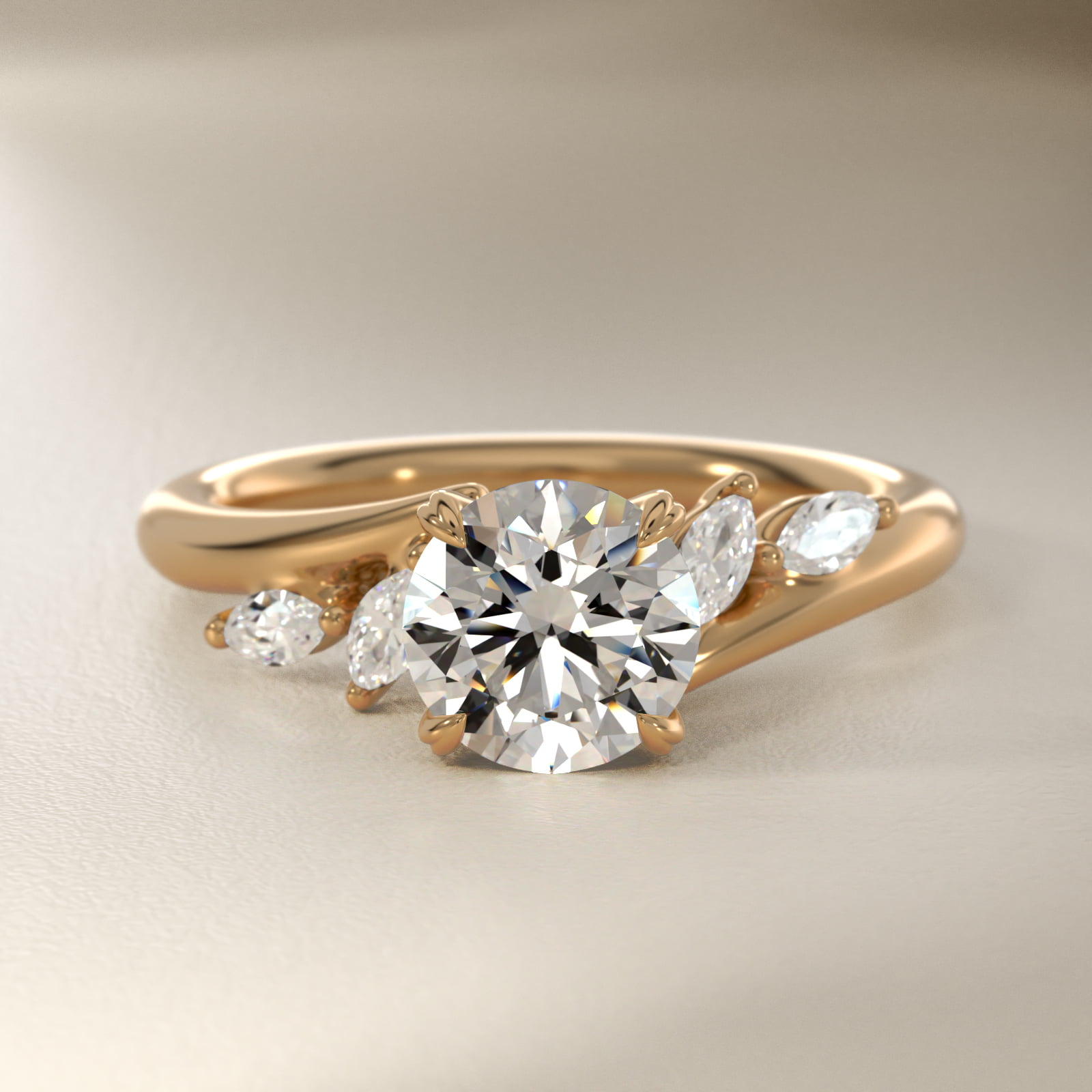 Bypass Marquise Array Side Stone Diamond Engagement Ring In 18K Yellow Gold