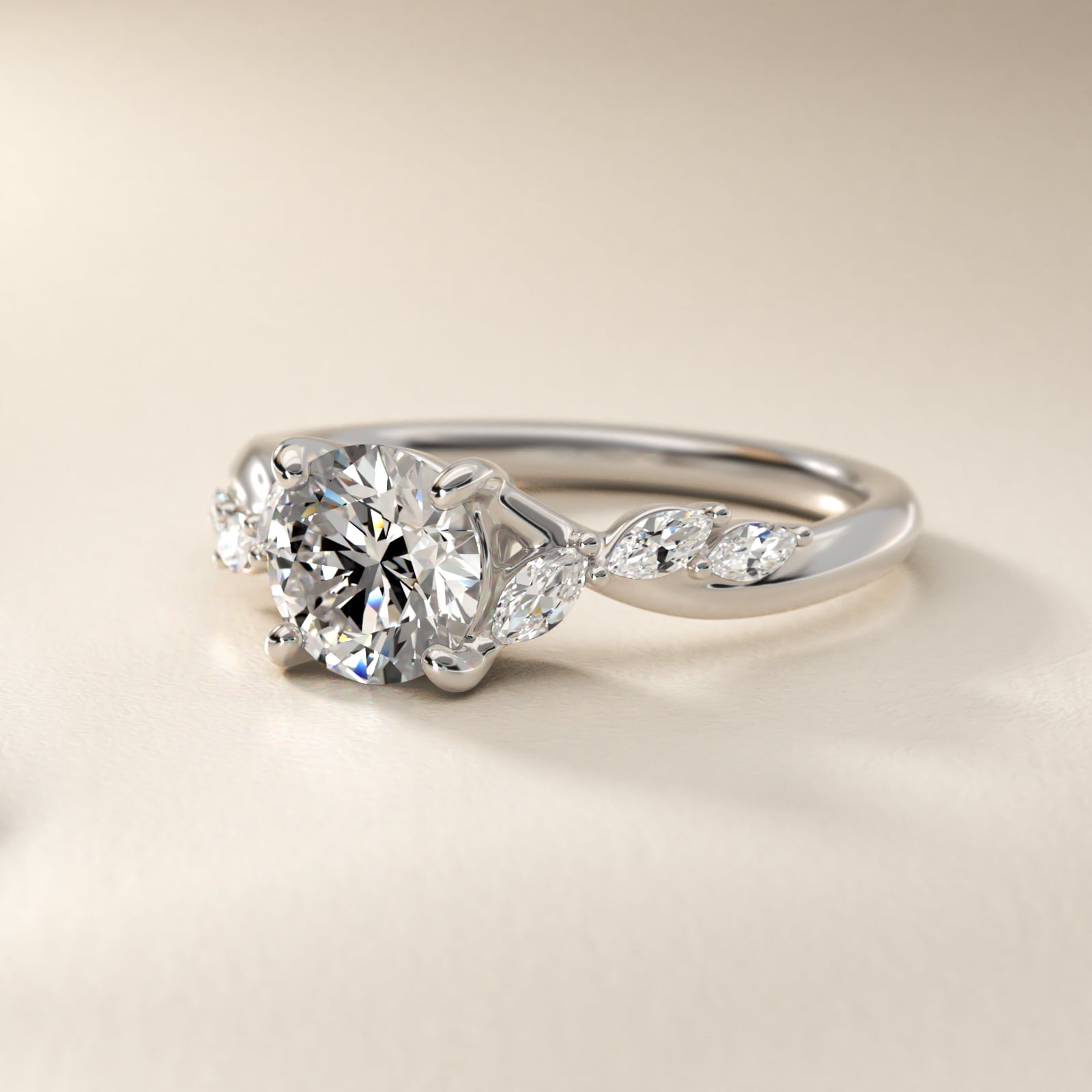 Leaf Vine Diamond Motif Side Stone Engagement Ring In Platinum