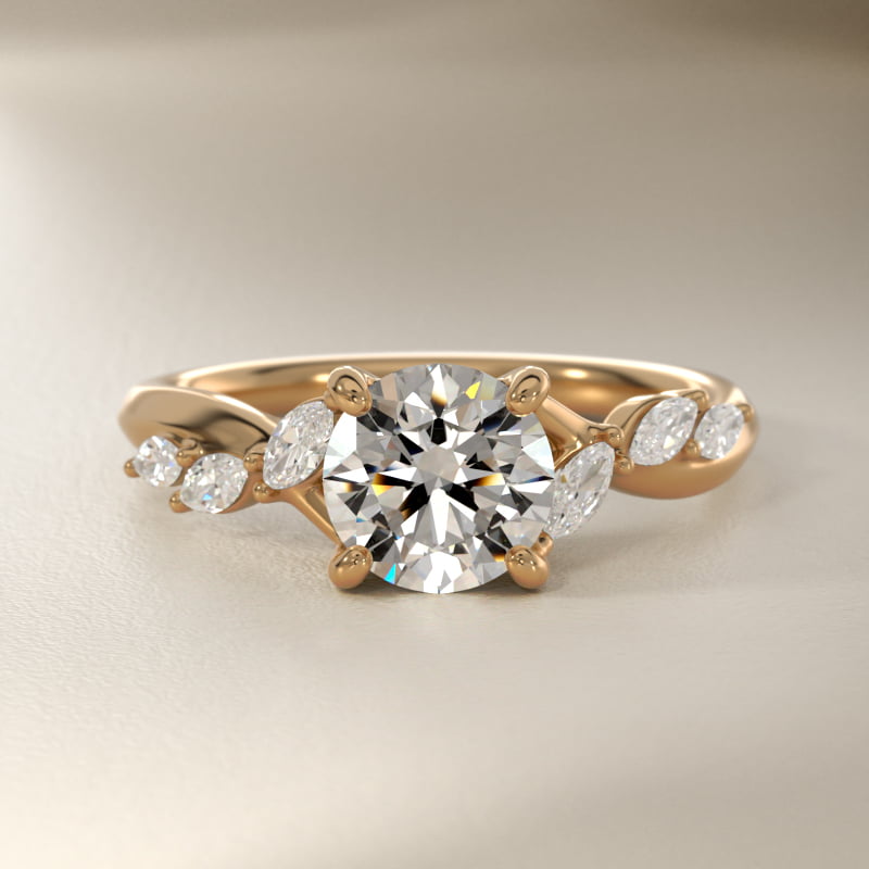 Leaf Vine Diamond Motif Side Stone Engagement Ring In 14K Yellow Gold