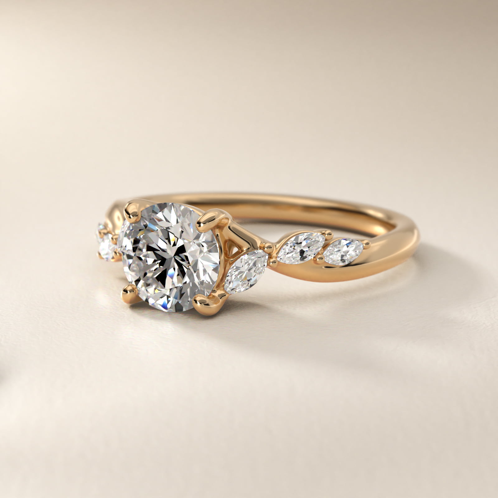 Leaf Vine Diamond Motif Side Stone Engagement Ring In 18K Yellow Gold