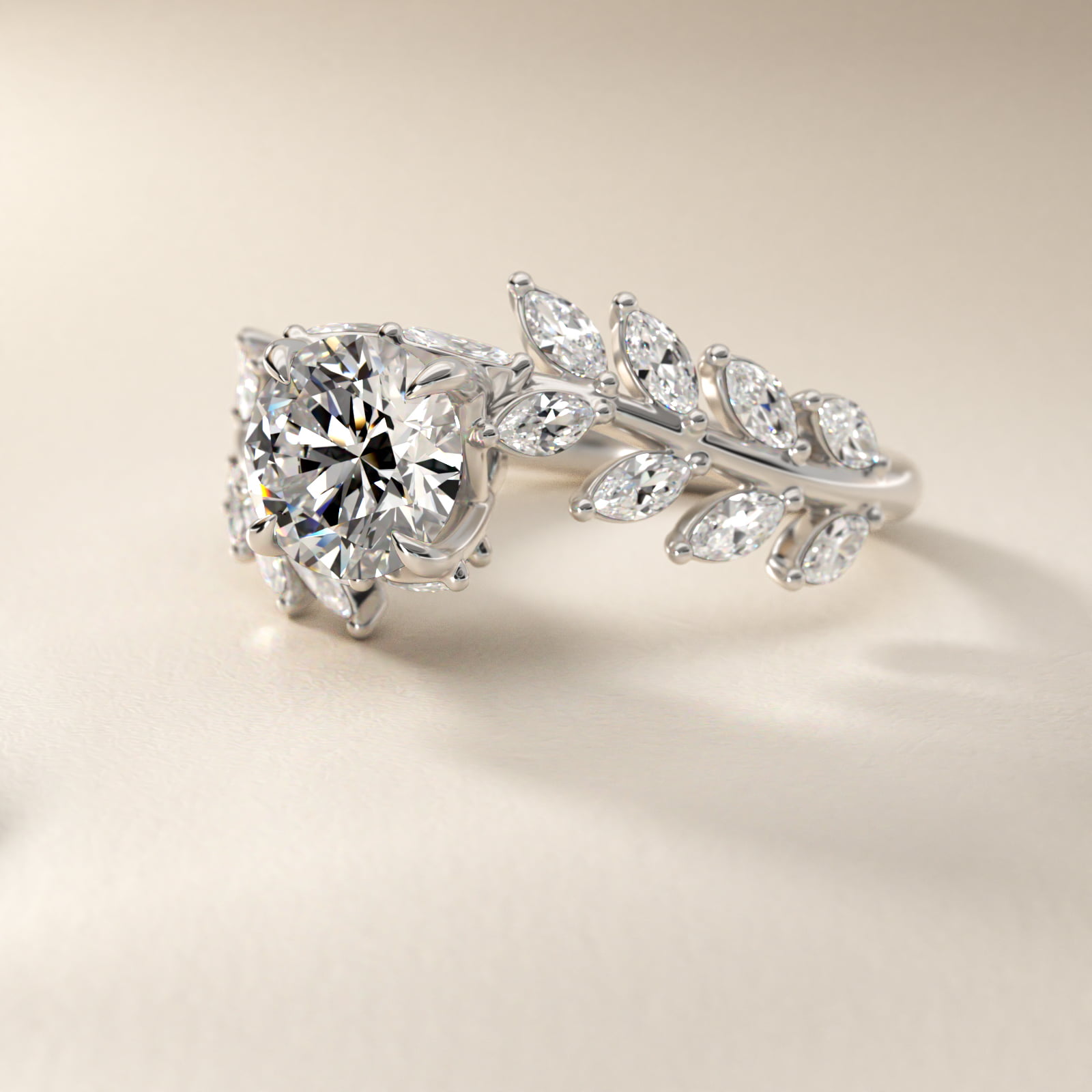 Diamond Vine Side Stone Engagement Ring In 18K White Gold