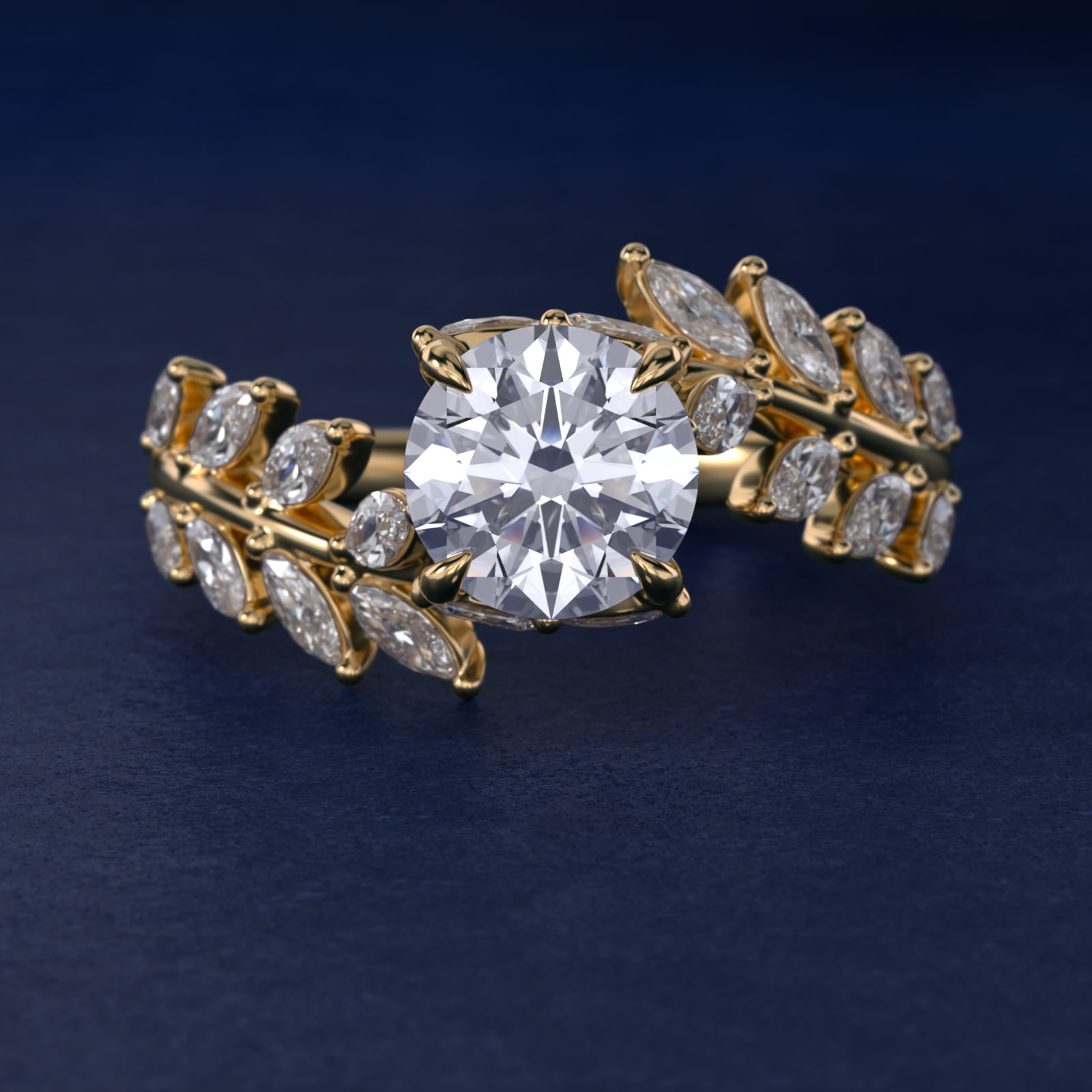 Diamond Vine Side Stone Engagement Ring In 14K Yellow Gold