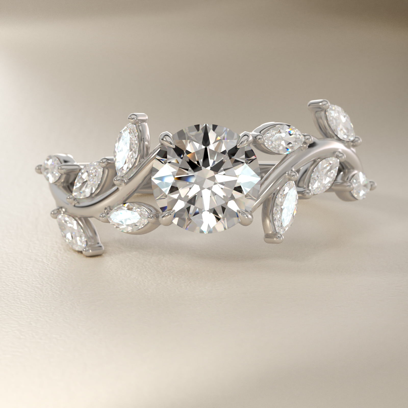Floral Side Stone Diamond Engagement Ring In 18K White Gold