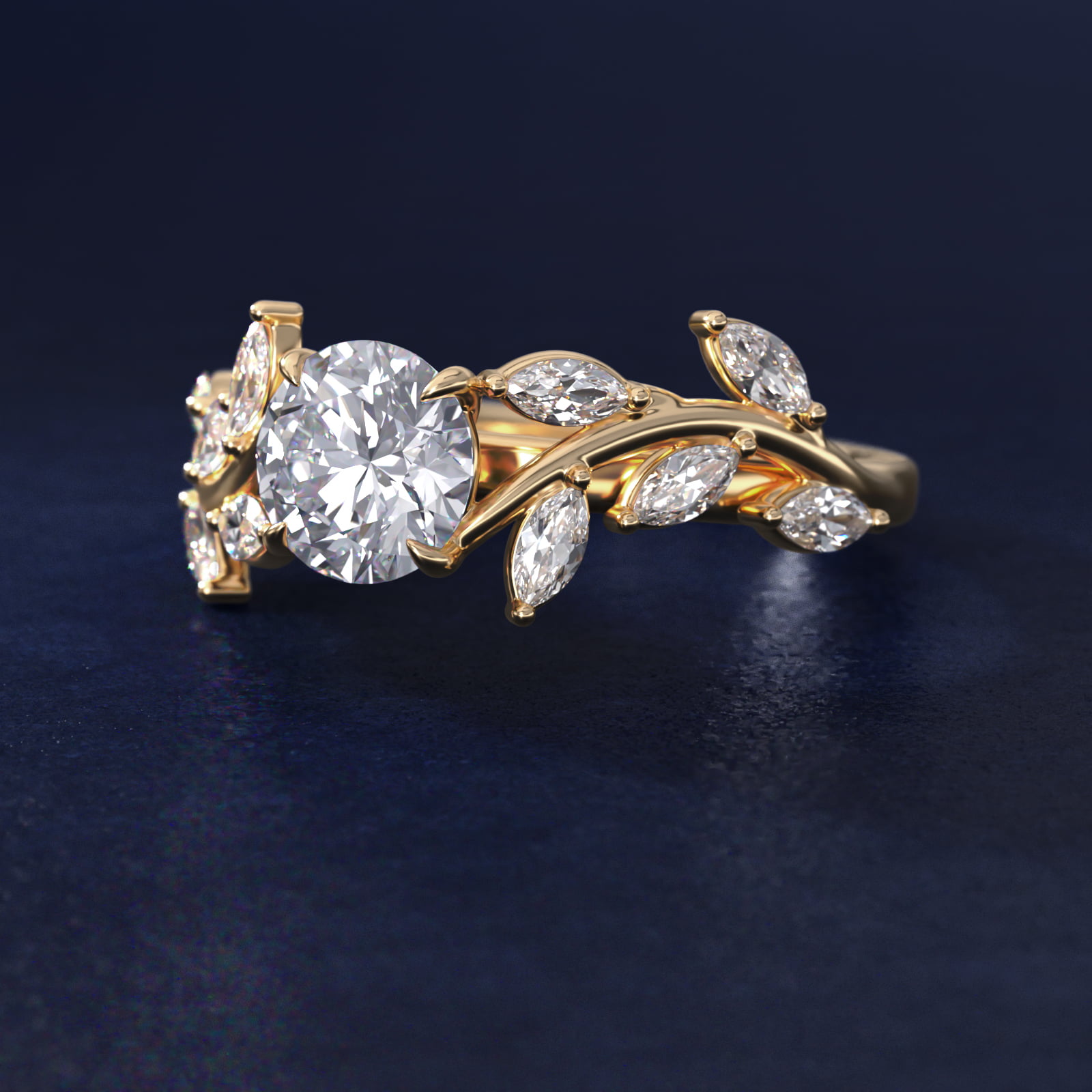 Floral Side Stone Diamond Engagement Ring In 14K Yellow Gold