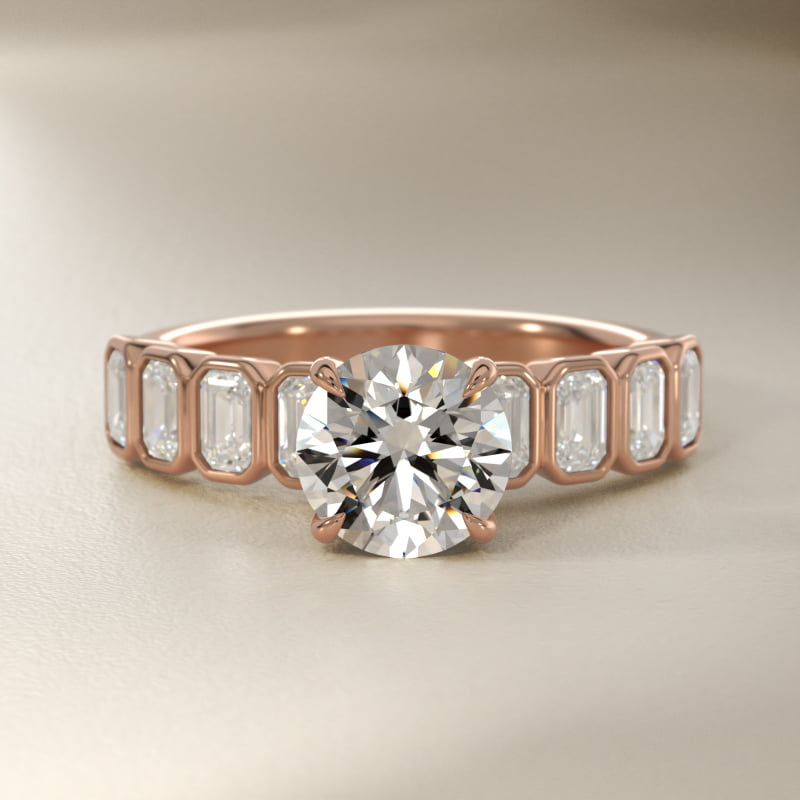 Bezel Set Emerald Cut Side Stone Diamond Engagement Ring In 14K Rose Gold