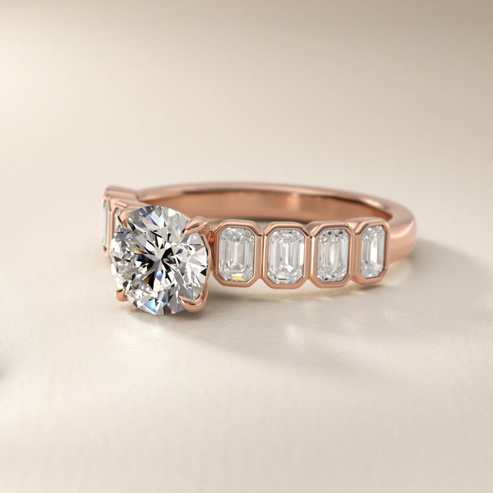 Bezel Set Emerald Cut Side Stone Diamond Engagement Ring In 14K Rose Gold