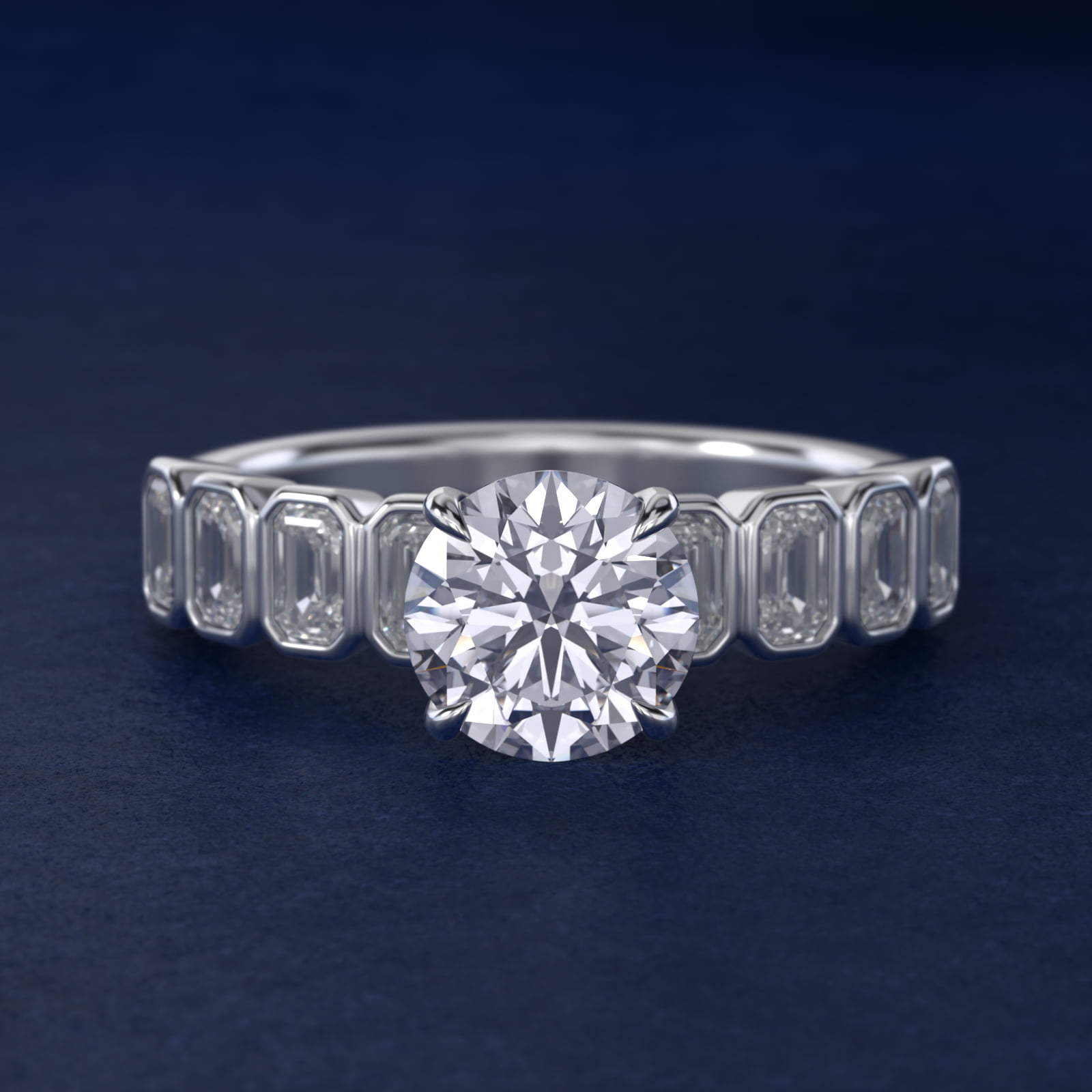 Bezel Set Emerald Cut Side Stone Diamond Engagement Ring In 14K White Gold