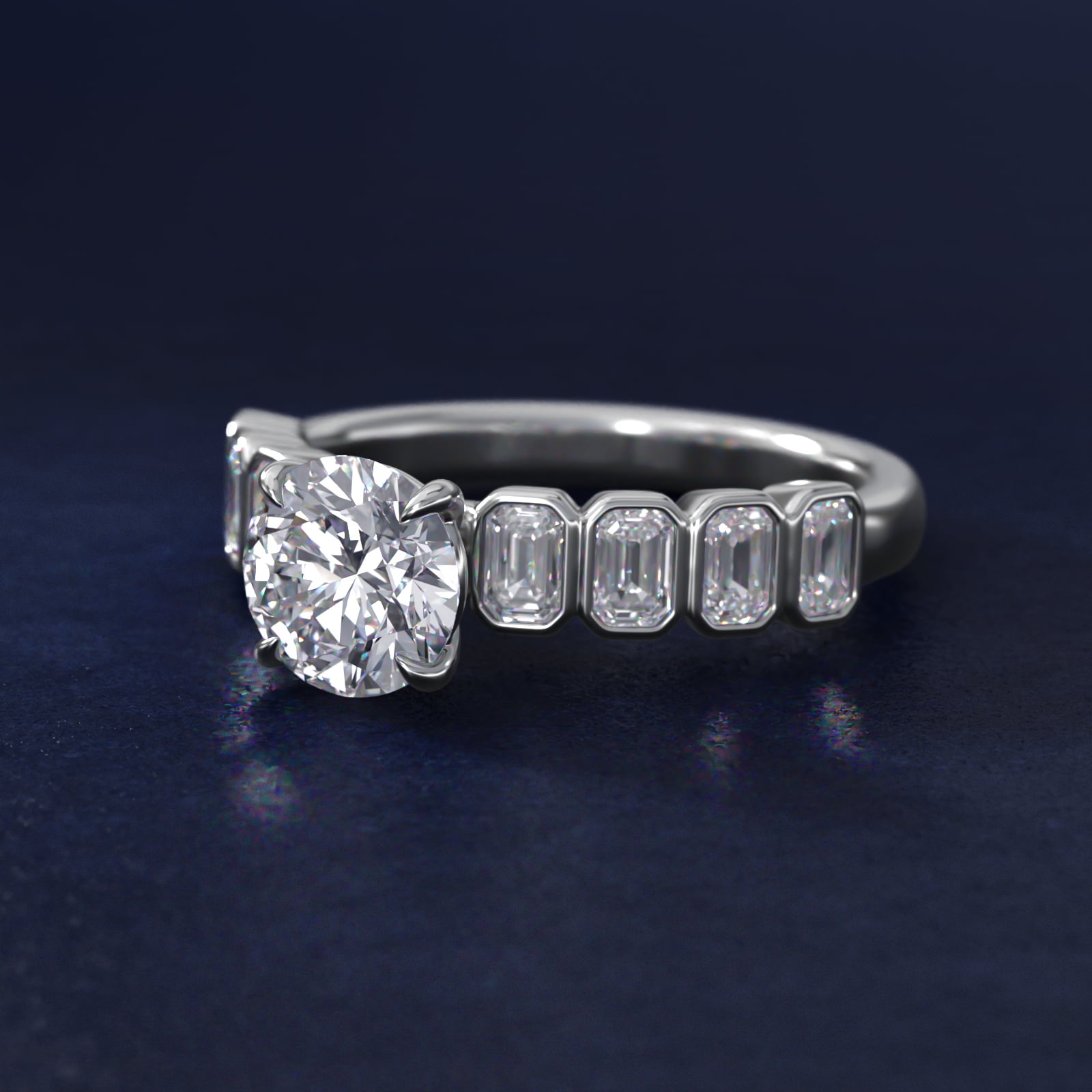 Bezel Set Emerald Cut Side Stone Diamond Engagement Ring In Platinum