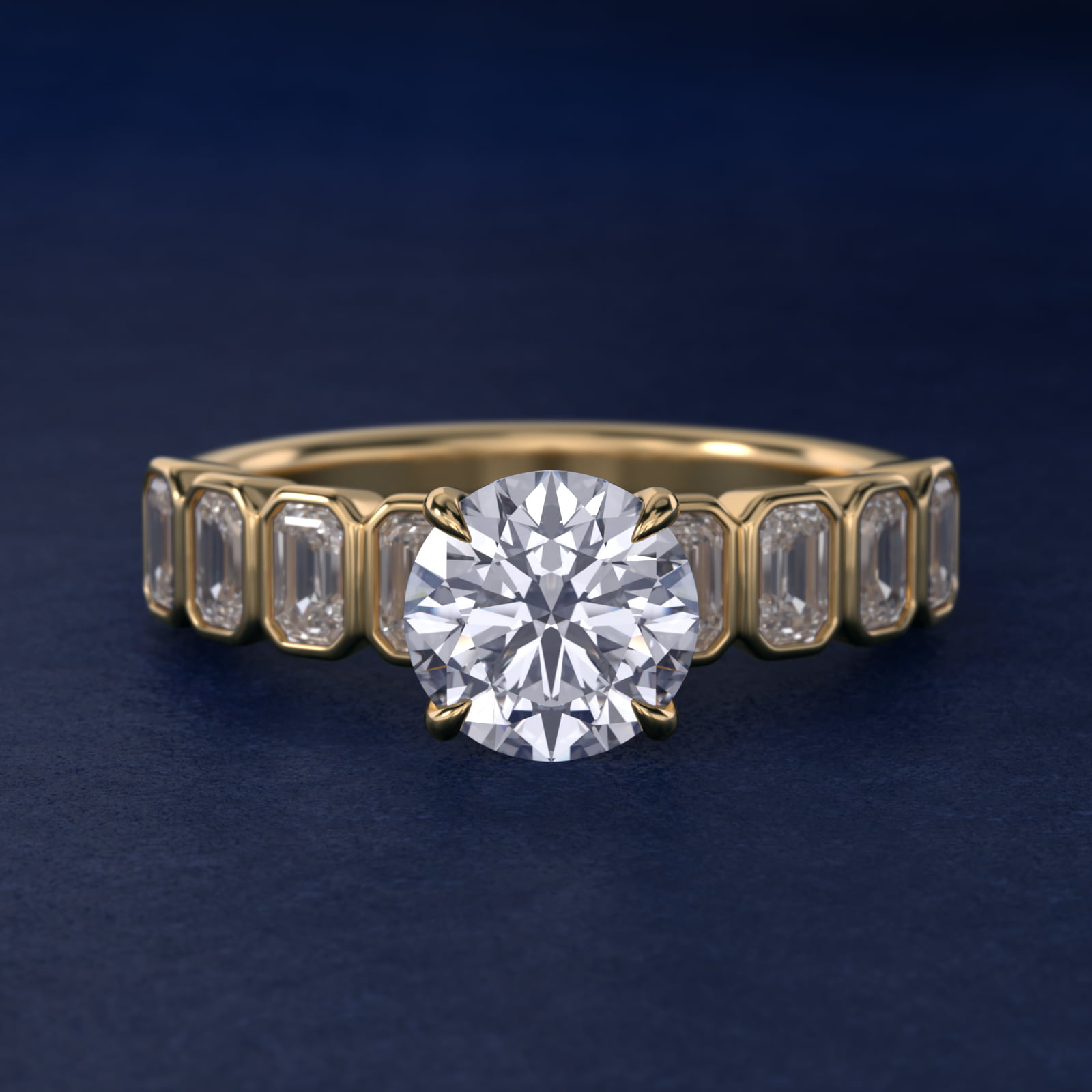 Bezel Set Emerald Cut Side Stone Diamond Engagement Ring In 18K Yellow Gold