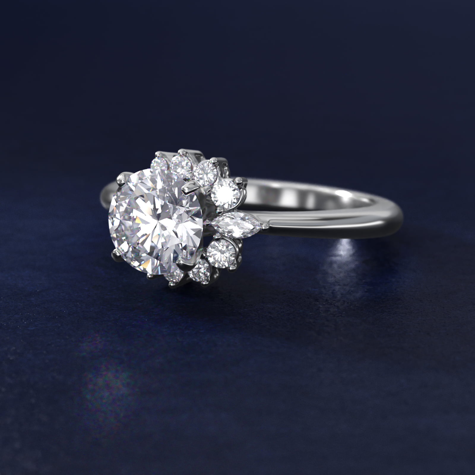 Marquise Accent Diamond Halo Engagement Ring In 18K White Gold