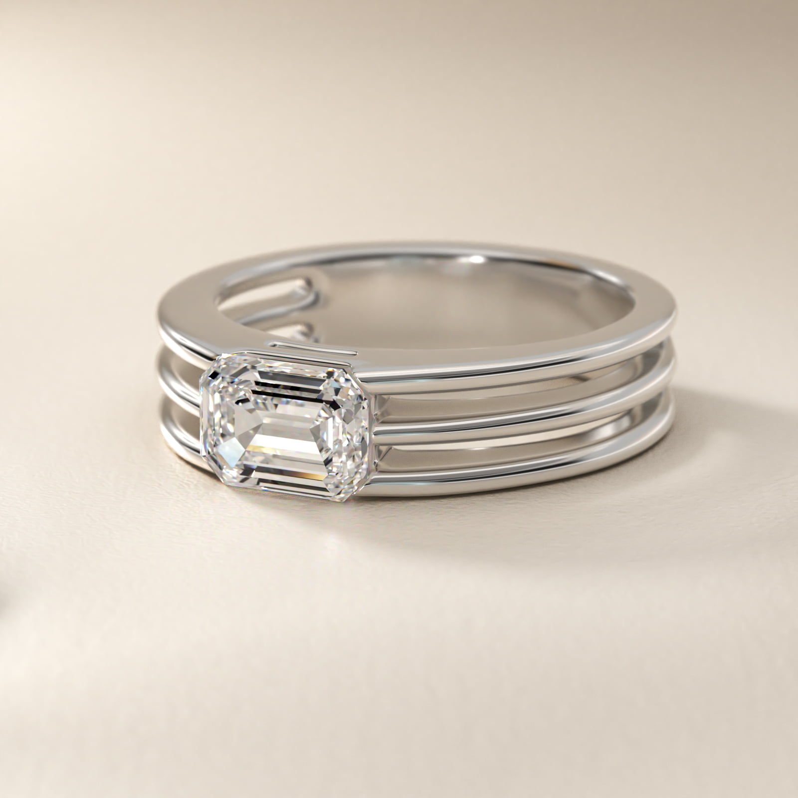 Ridged Dome Solitaire Engagement Ring In 14K White Gold