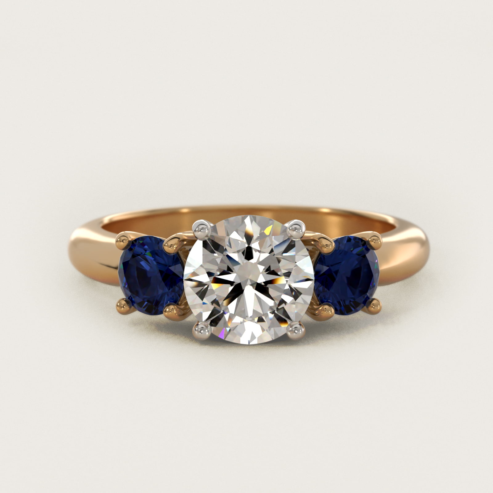 Round Blue Sapphire Three Stone Engagement Ring In 14K Yellow Gold By round-blue-sapphire-three-stone-engagement-ring-in-14k-yellow-gold-by