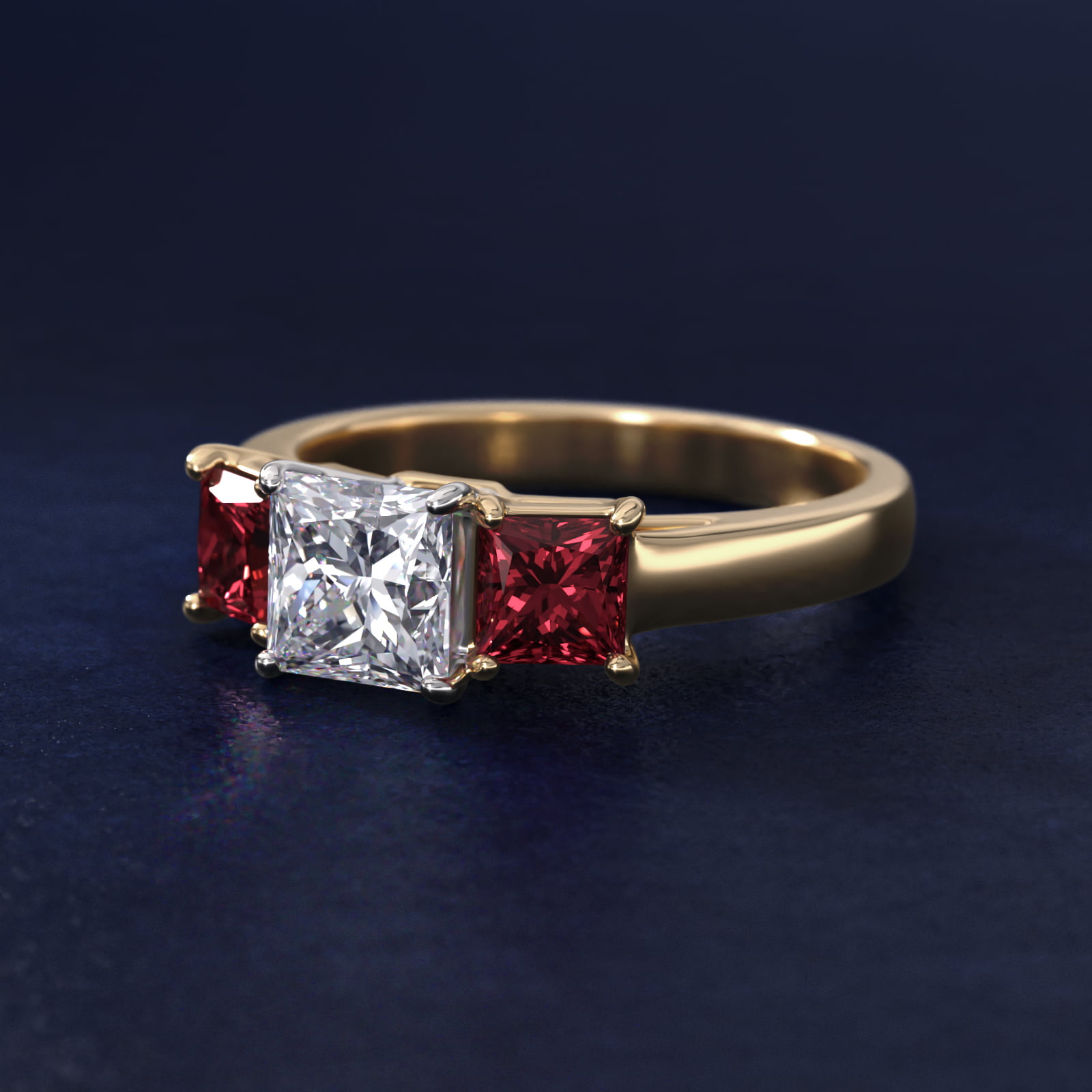 Princess Cut Ruby Three Stone Engagement Ring In 18K Yellow Gold By James Allen