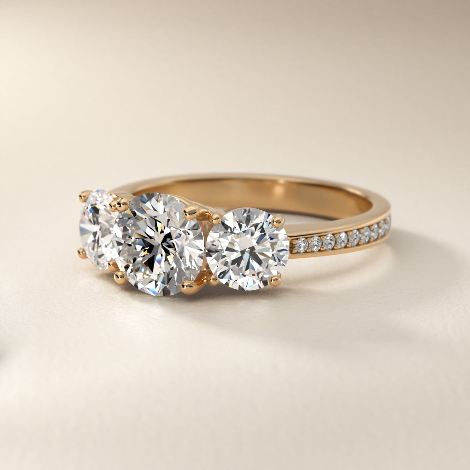 Round Diamond Three Stone Engagement Ring With Pavé Set Diamonds In 14K Yellow Gold By James Allen