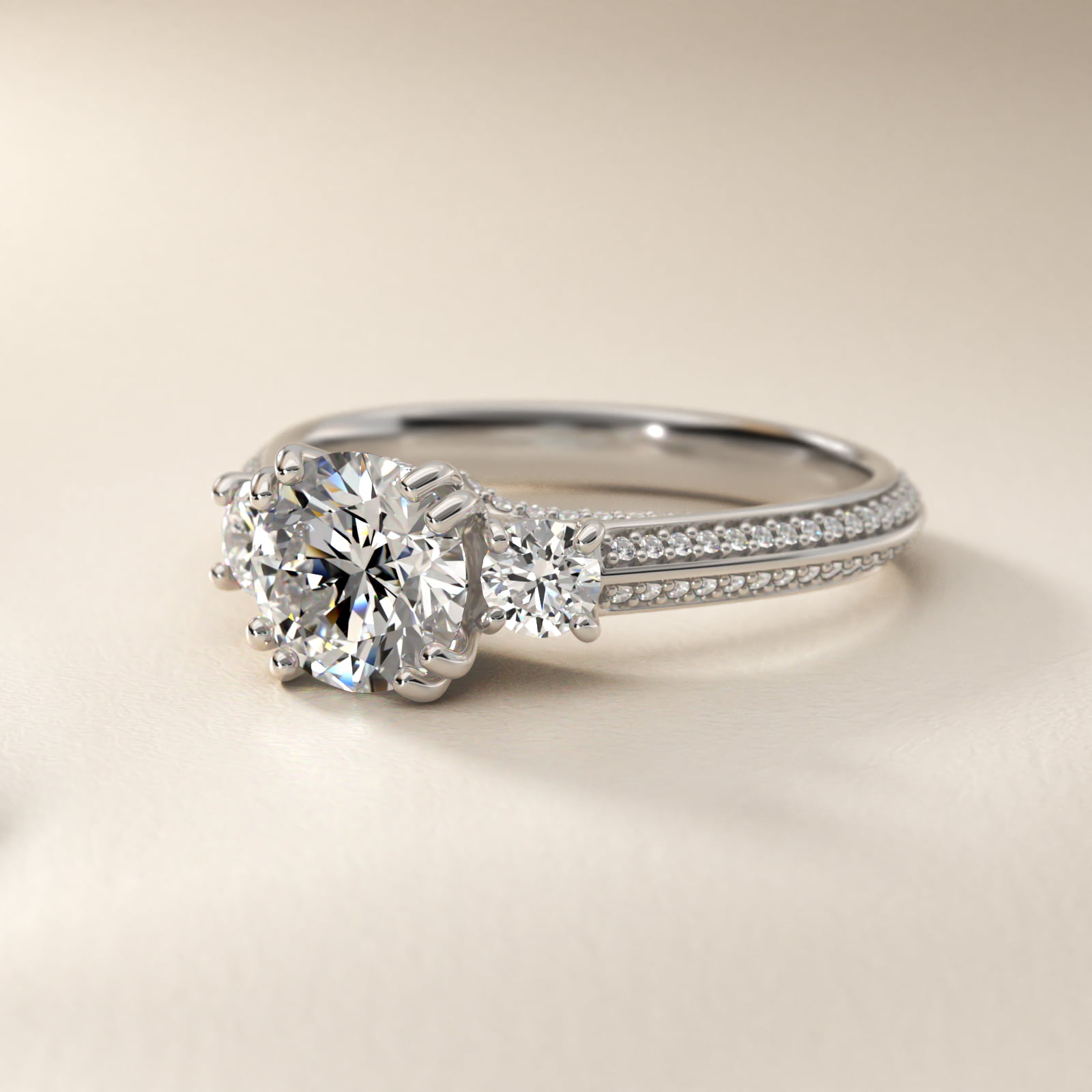 Pavé Knife Edge Diamond Three Stone Engagement Ring In 14K White Gold By James Allen