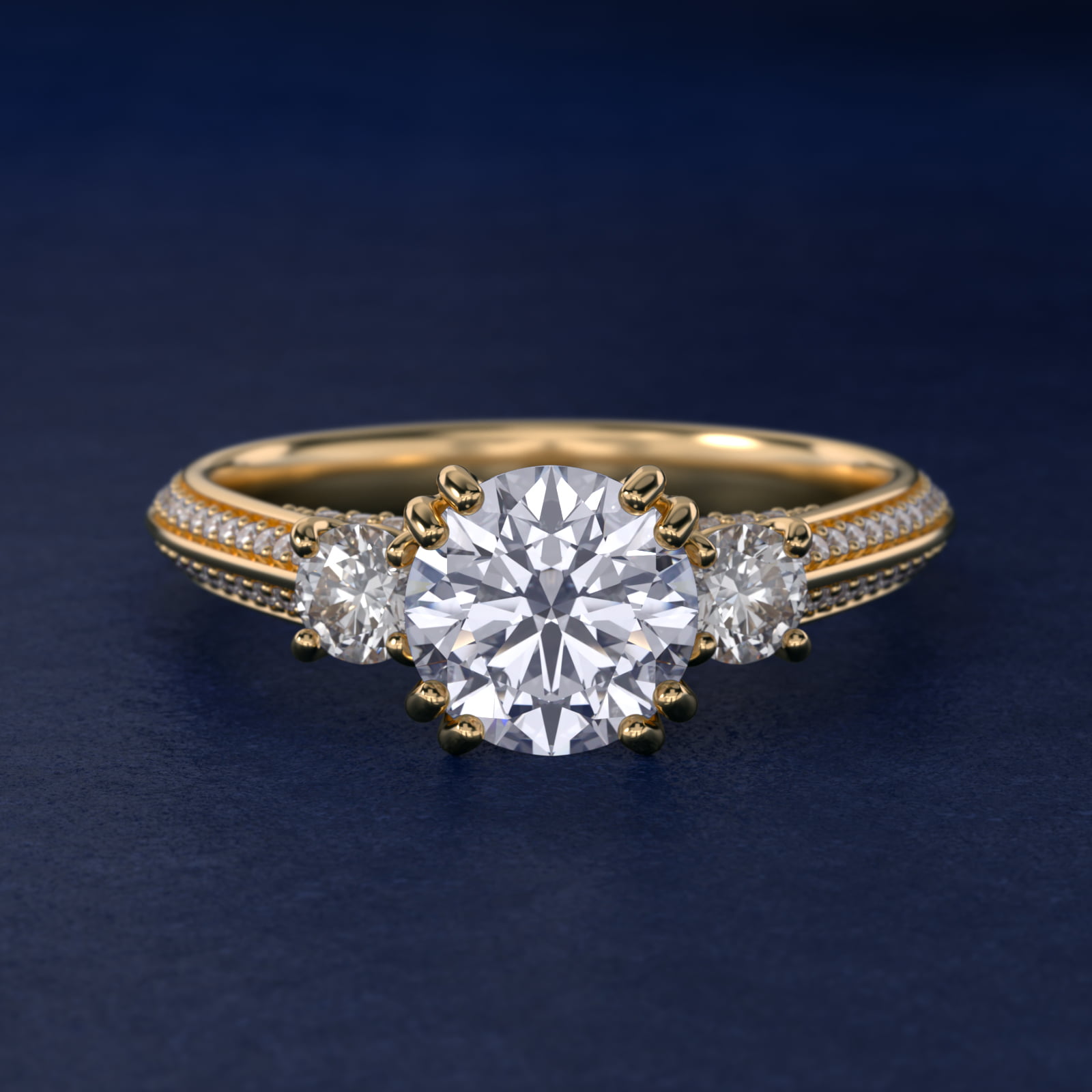 Pavé Knife Edge Diamond Three Stone Engagement Ring In 18K Yellow Gold By James Allen