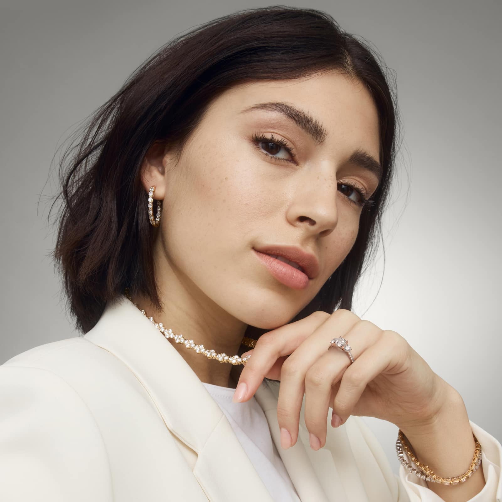 Modern Trellis Three Stone Lab-Grown Diamond Engagement in 14k Rose Gold