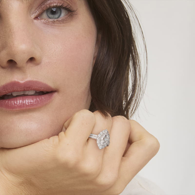 Double Shank Diamond Halo Engagement Ring In 14K White Gold