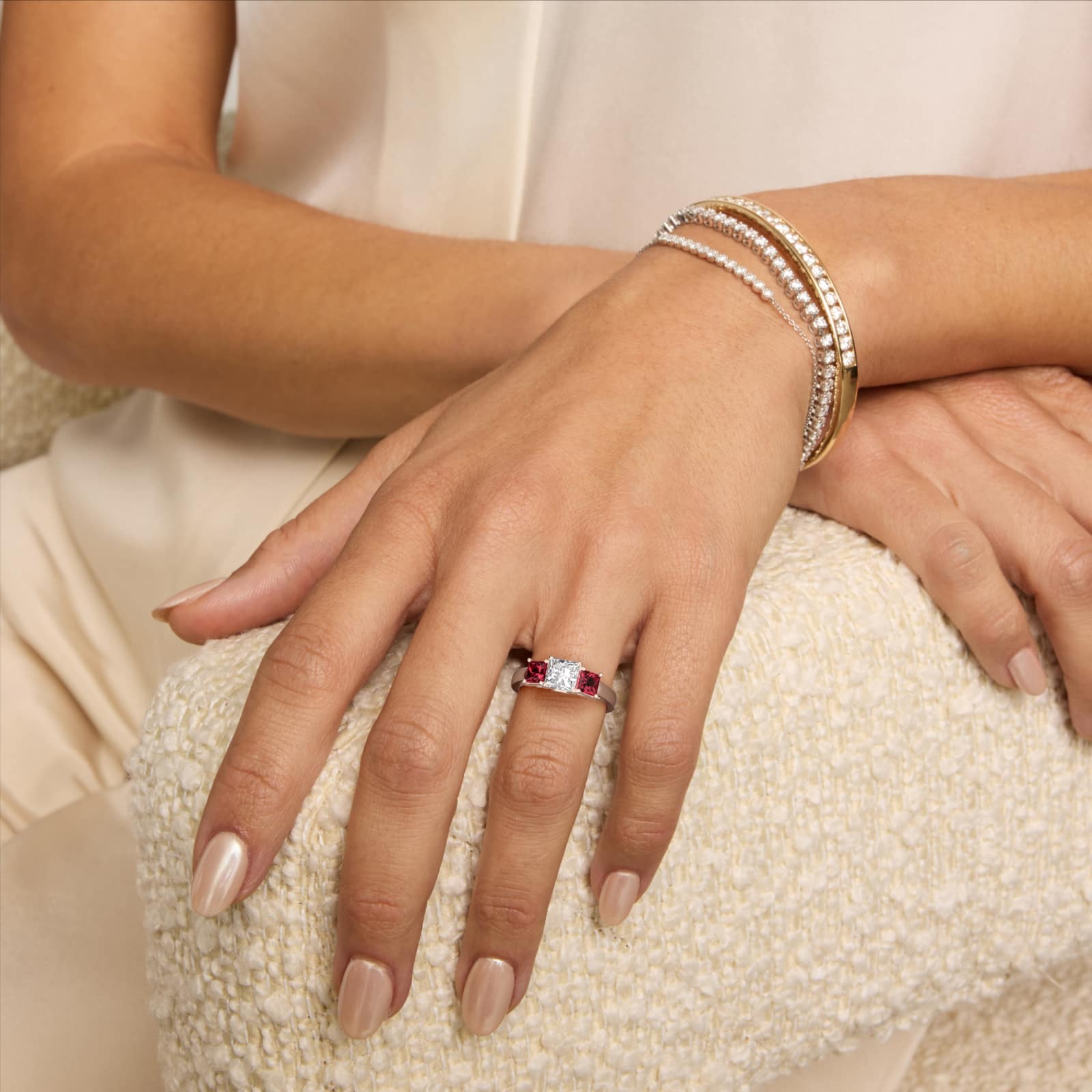 Princess Cut Ruby Three Stone Engagement Ring In 18K White Gold By James Allen