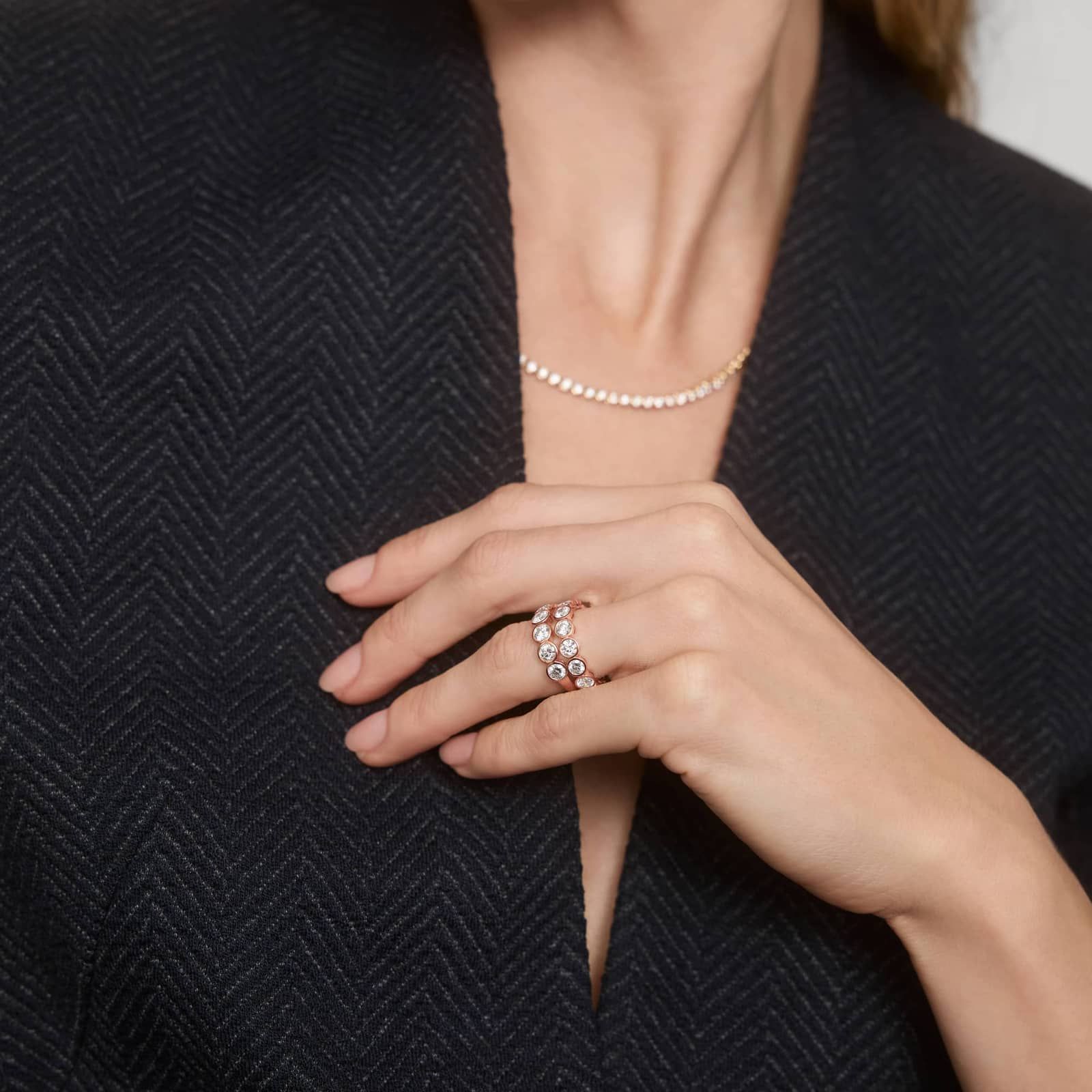 Seven Stone Bezel Anniversary Ring With 2 CTW Round Cut Diamonds in 14K Rose Gold (5.2mm)