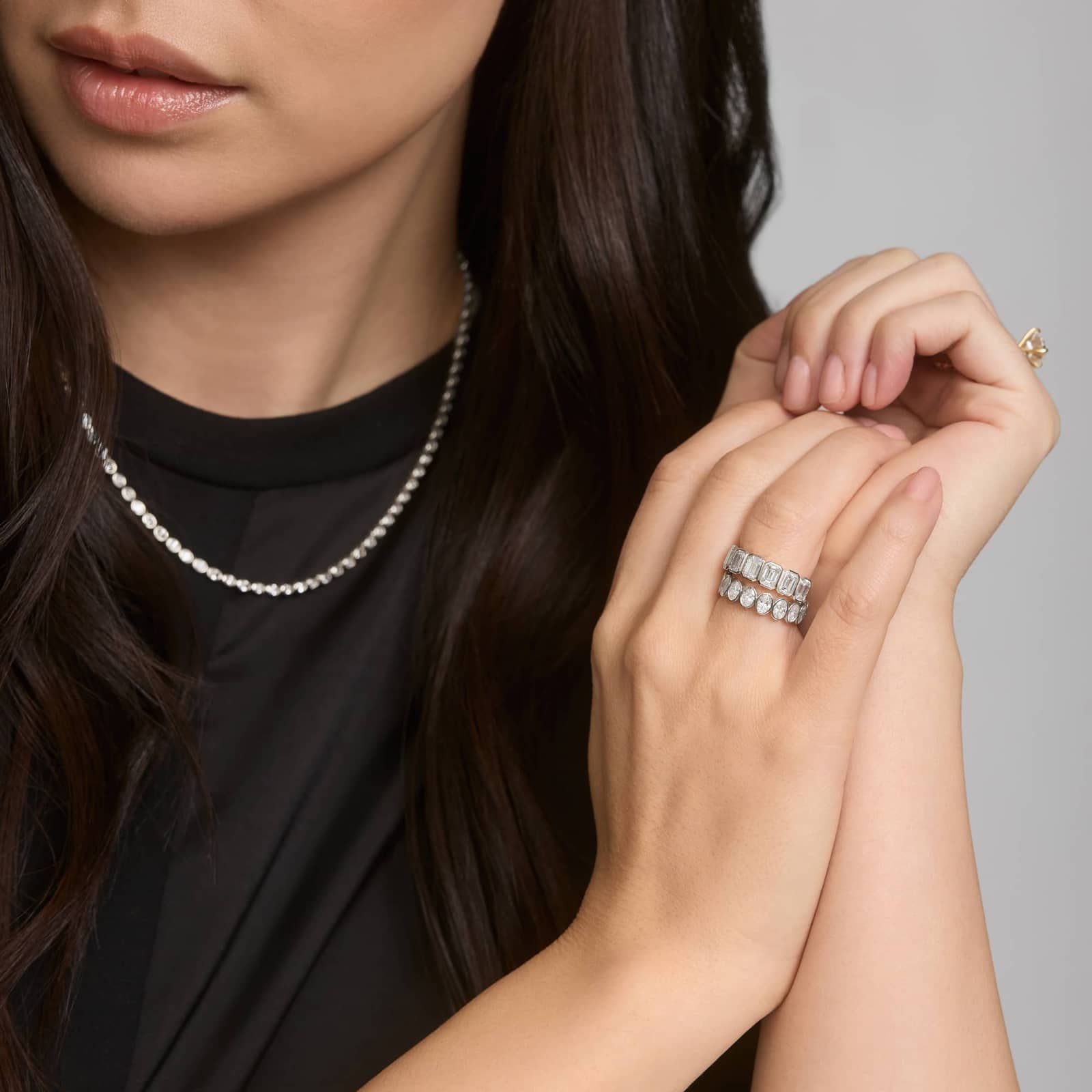 Seven Stone Bezel Anniversary Ring With 3 CTW Emerald Cut Lab-Grown Diamonds in 14K White Gold (5.95mm)