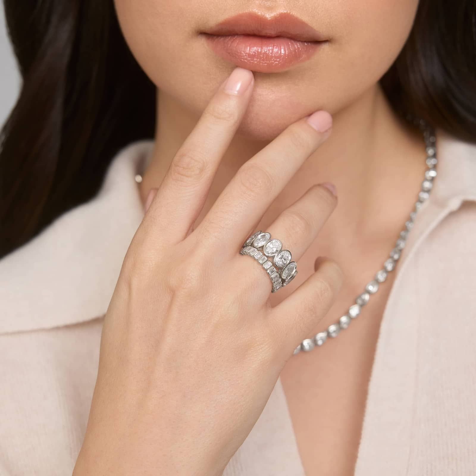 Bezel Eternity Ring With 8 CTW Oval Cut Diamonds in Platinum (8mm)