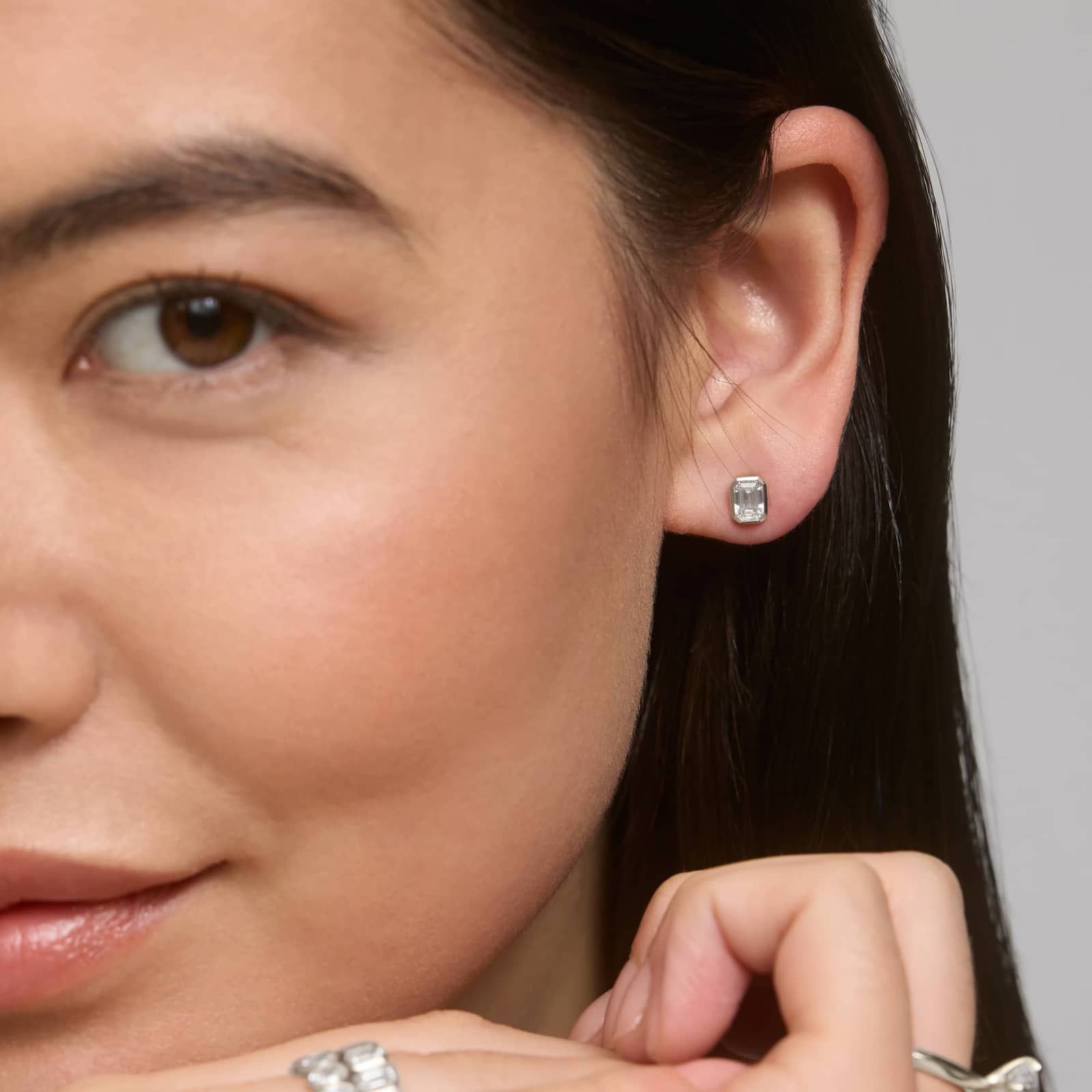 Bezel Set Emerald Cut Lab-Grown Diamond Stud Earrings In 14K White Gold (3/4 Ct. tw. - F-G / VS2-SI1)