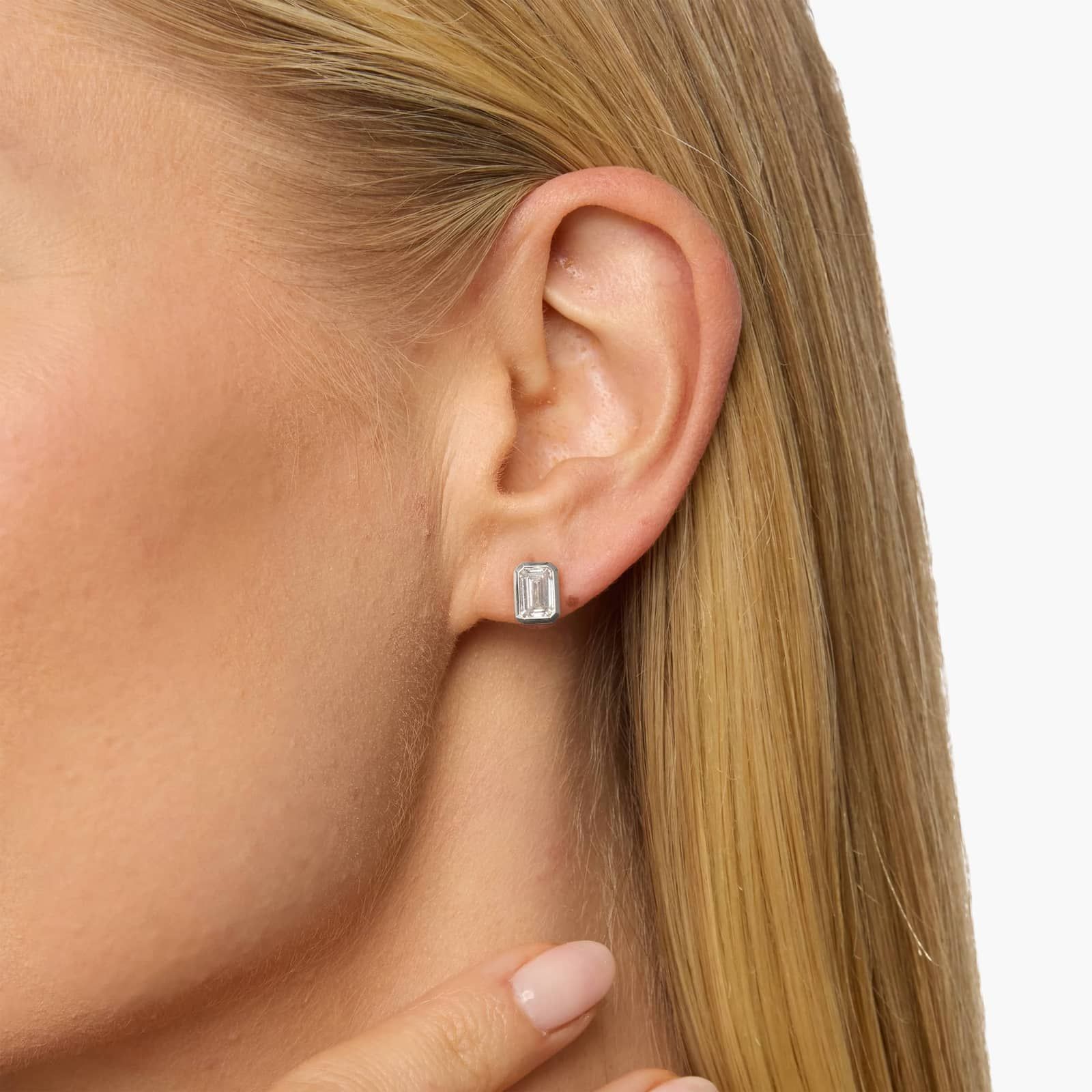 Bezel Set Emerald Cut Lab-Grown Diamond Stud Earrings In 14K White Gold (2 Ct. tw. - F-G / VS2-SI1)