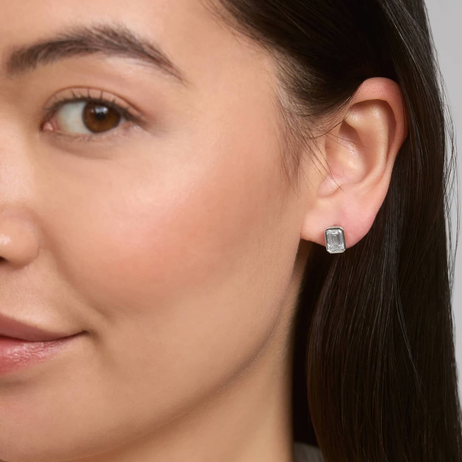 Bezel Set Emerald Cut Lab-Grown Diamond Stud Earrings In 14K White Gold (3 Ct. tw. - F-G / VS2-SI1)