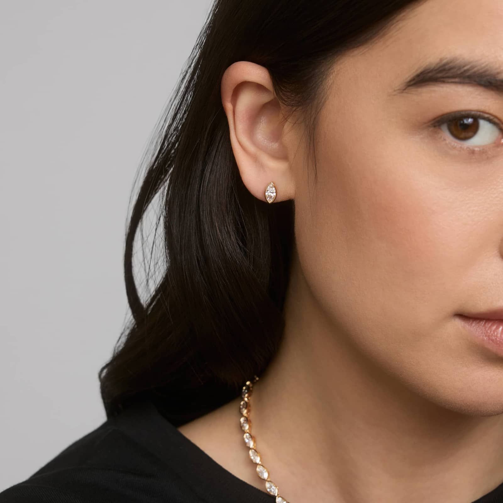 Bezel Diamond Stud Earrings With 1 CTW Marquise Cut Diamonds in 14K Yellow Gold