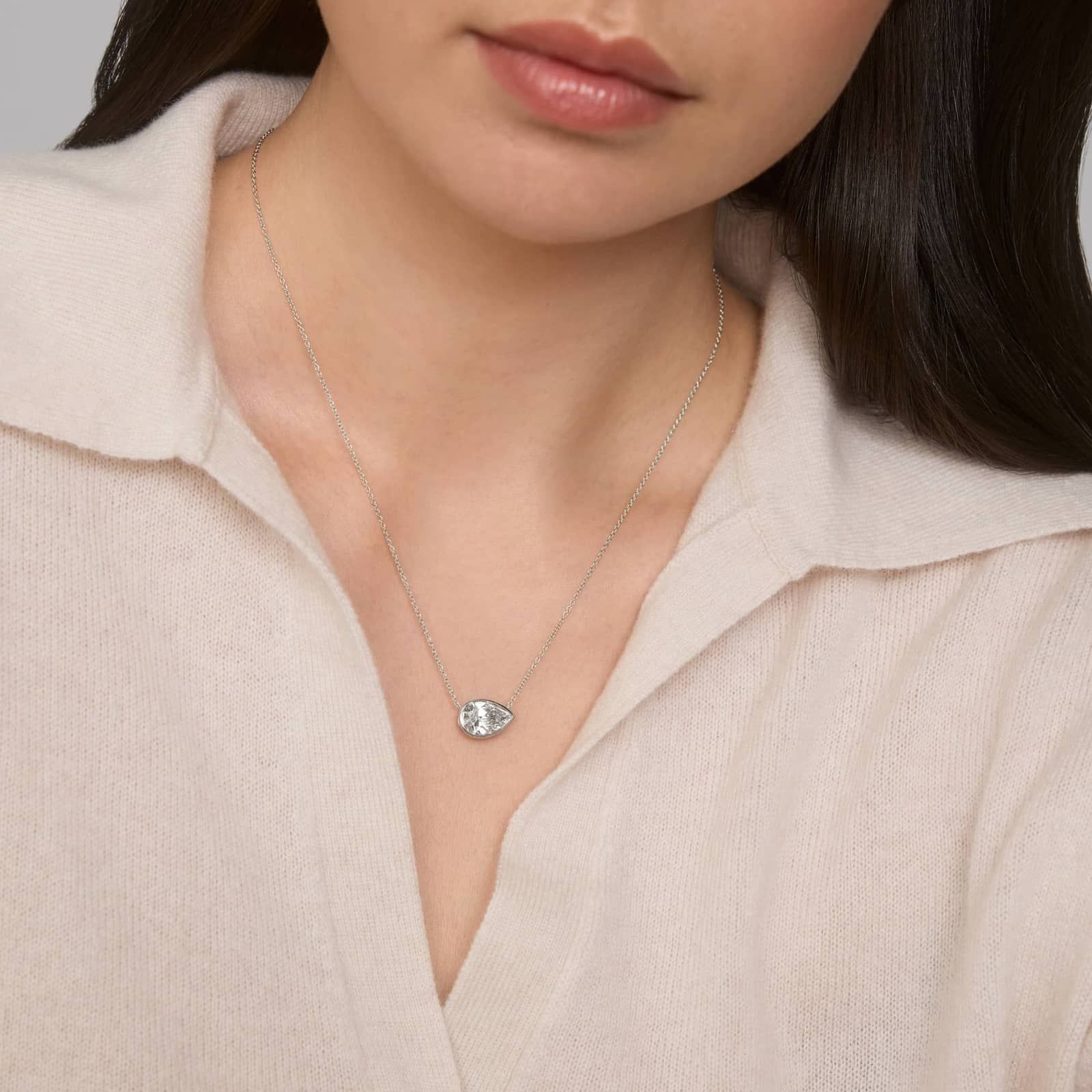 East-West Bezel Solitaire Pendant Necklace With 3 CTW Pear Shaped Lab-Grown Diamond in 14K White Gold