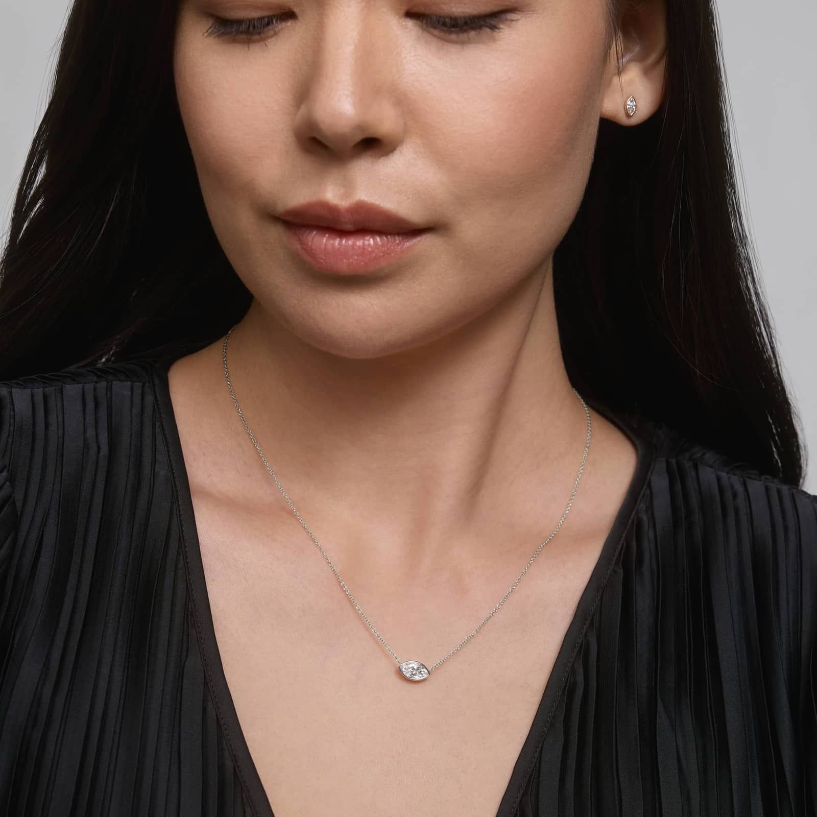 East-West Bezel Solitaire Pendant Necklace With 1 CTW Marquise Cut Diamonds in Platinum