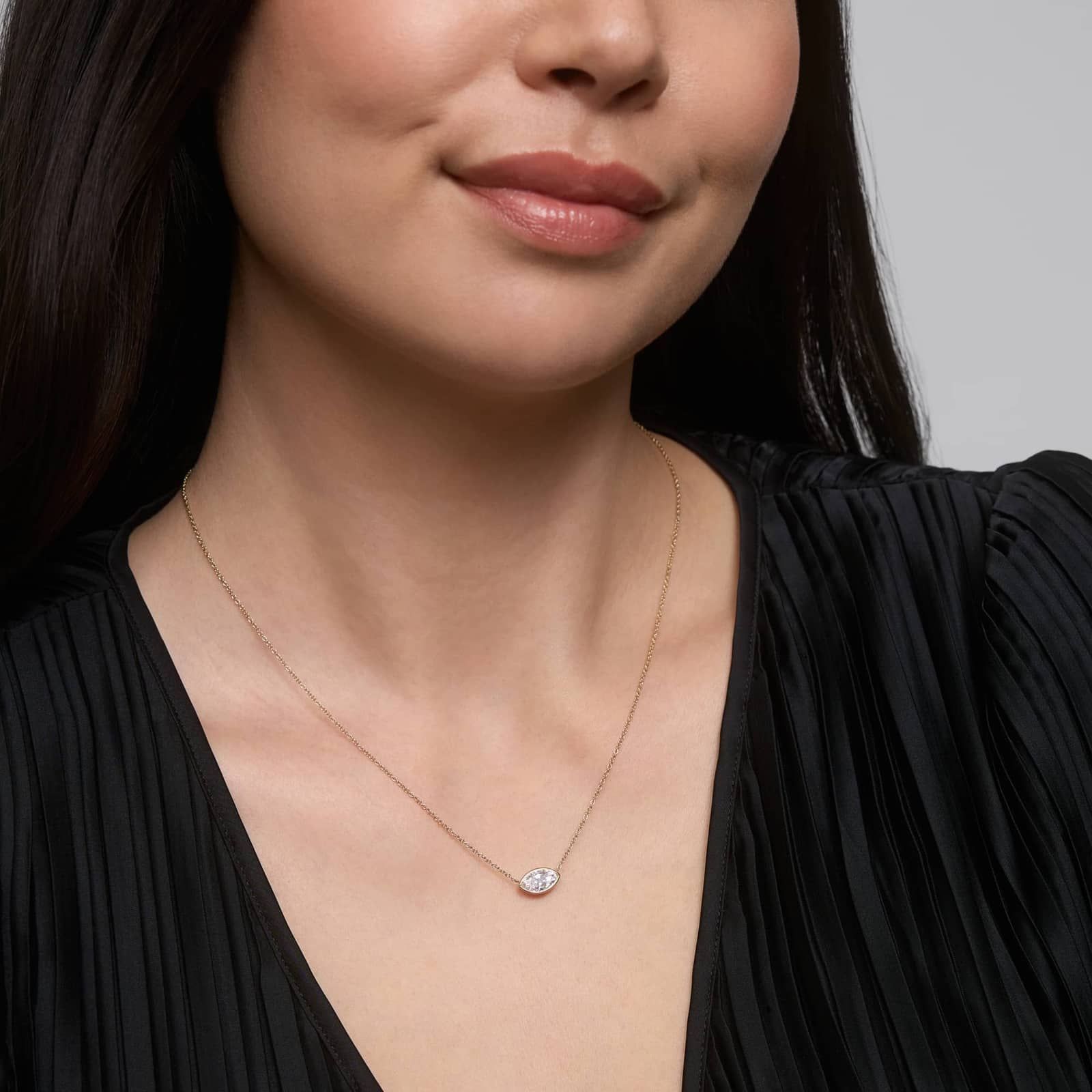 East-West Bezel Solitaire Pendant Necklace With 1 CTW Marquise Cut Diamonds in 14K Yellow Gold