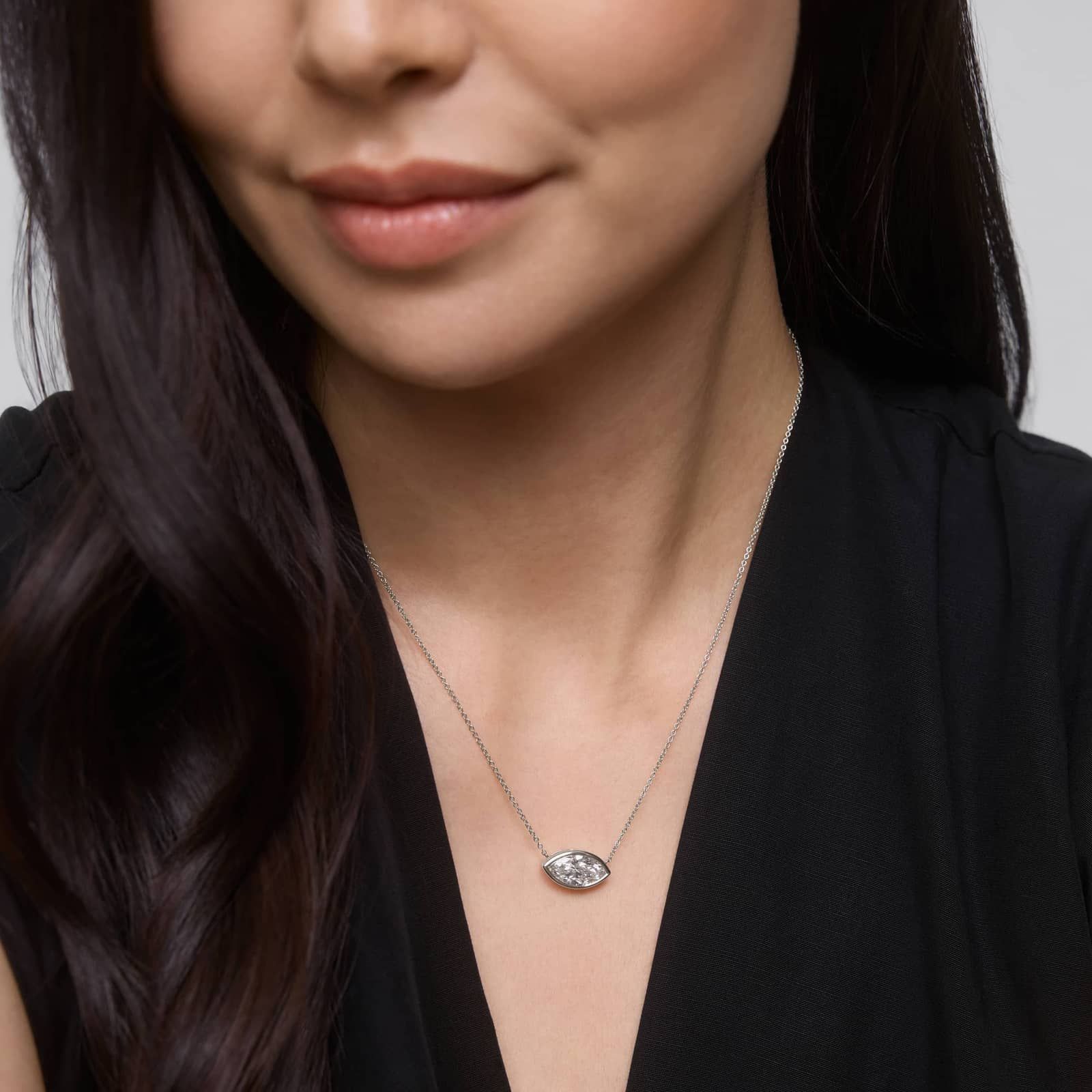 East-West Bezel Solitaire Pendant Necklace With 3 CTW Marquise Cut Lab-Grown Diamonds in 14K White Gold