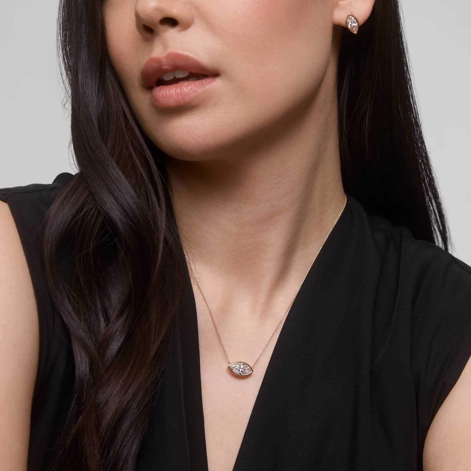 East-West Bezel Solitaire Pendant Necklace With 3 CTW Marquise Cut Lab-Grown Diamonds in 14K Yellow Gold