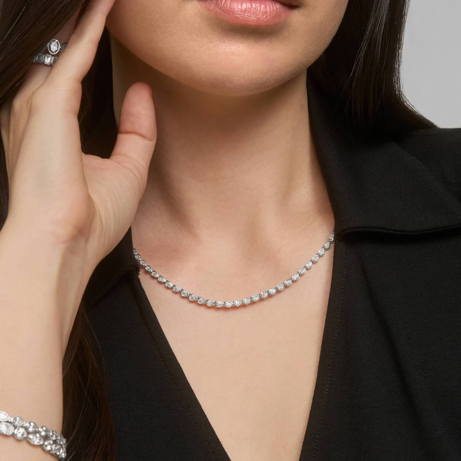 East-West Bezel Tennis Necklace With 7 CTW Pear Shaped Lab-Grown Diamonds in 14K White Gold