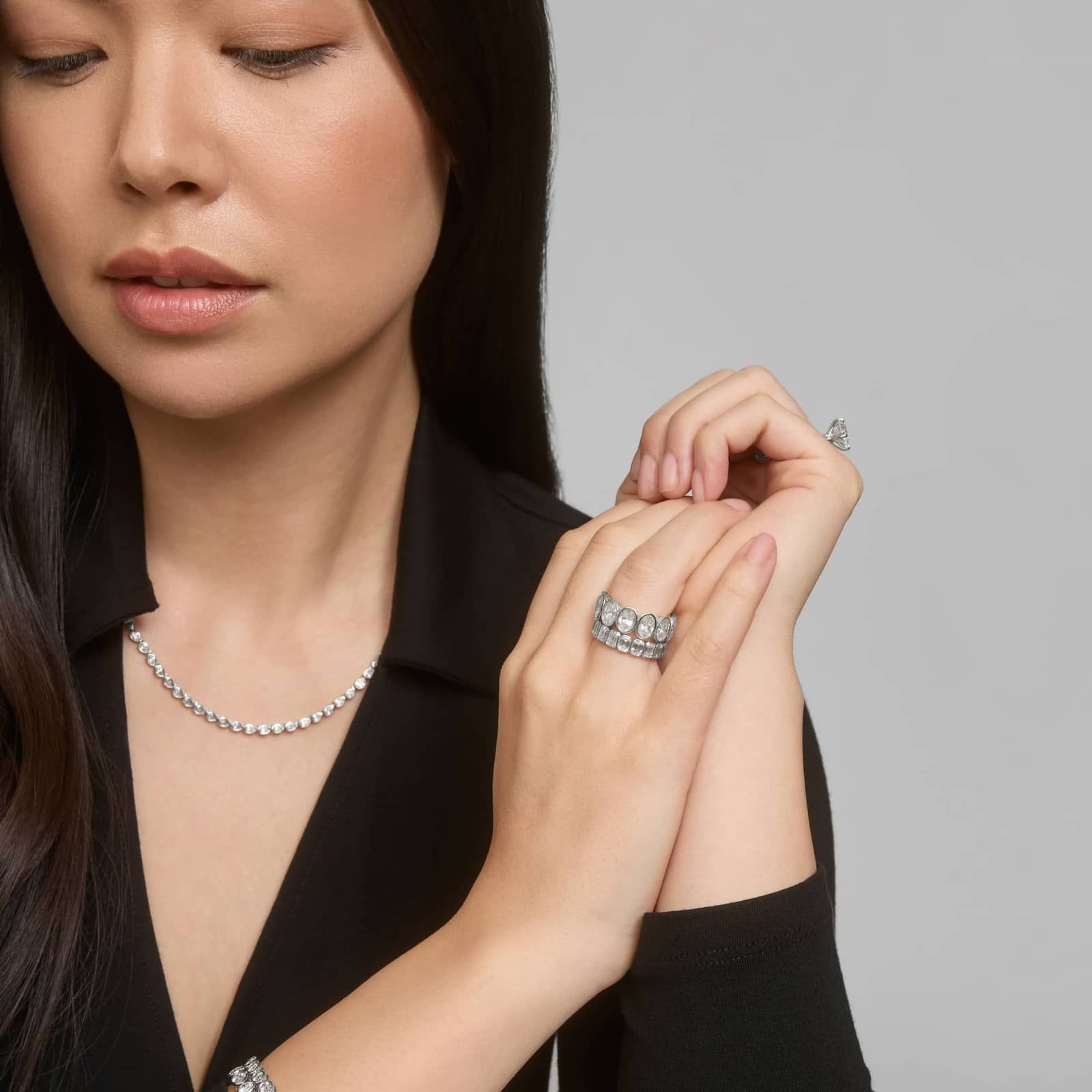 East-West Bezel Tennis Necklace With 7 CTW Pear Shaped Lab-Grown Diamonds in 14K White Gold