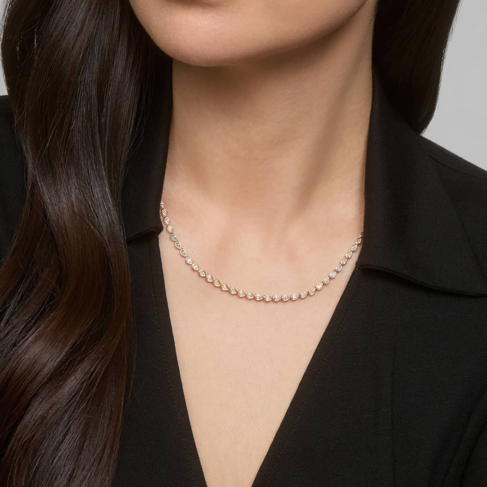 East-West Bezel Tennis Necklace With 7 CTW Pear Shaped Lab-Grown Diamonds in 14K Yellow Gold