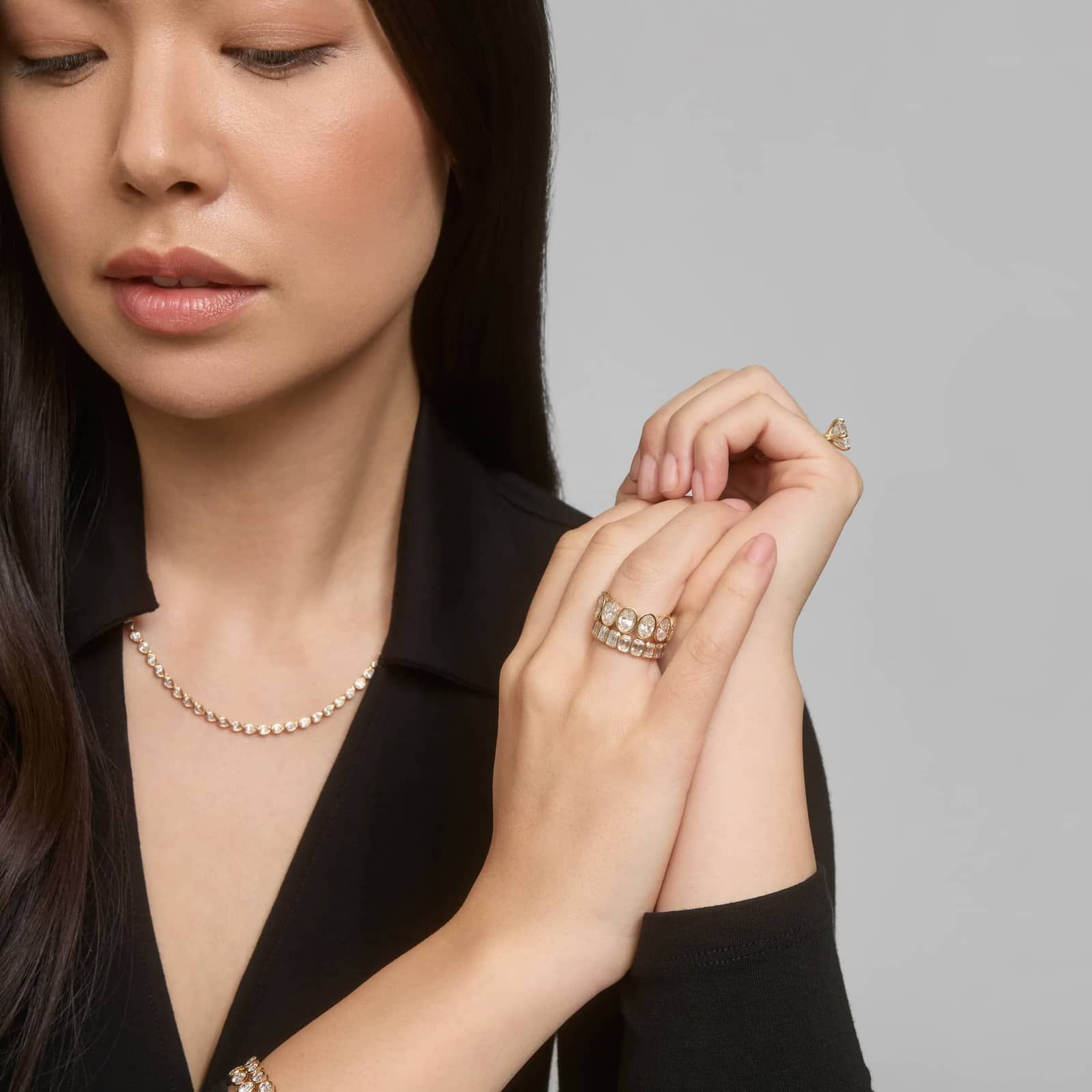 East-West Bezel Tennis Necklace With 7 CTW Pear Shaped Lab-Grown Diamonds in 14K Yellow Gold