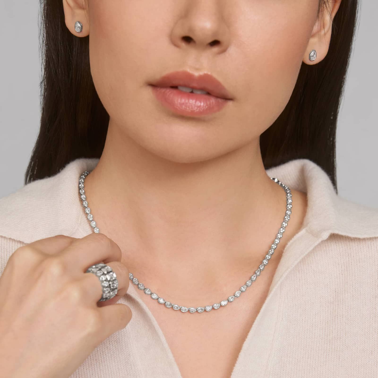 East-West Bezel Tennis Necklace With 10 CTW Pear Shaped Lab-Grown Diamonds in 14K White Gold