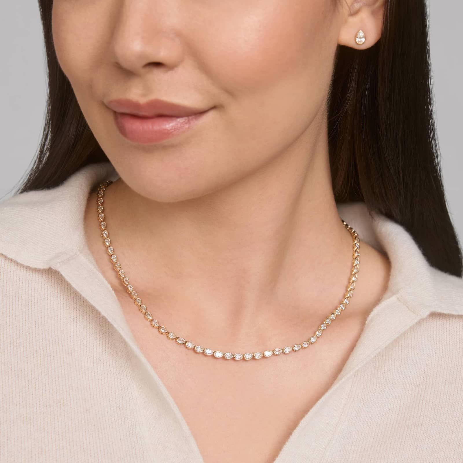 East-West Bezel Tennis Necklace With 10 CTW Pear Shaped Lab-Grown Diamonds in 14K Yellow Gold