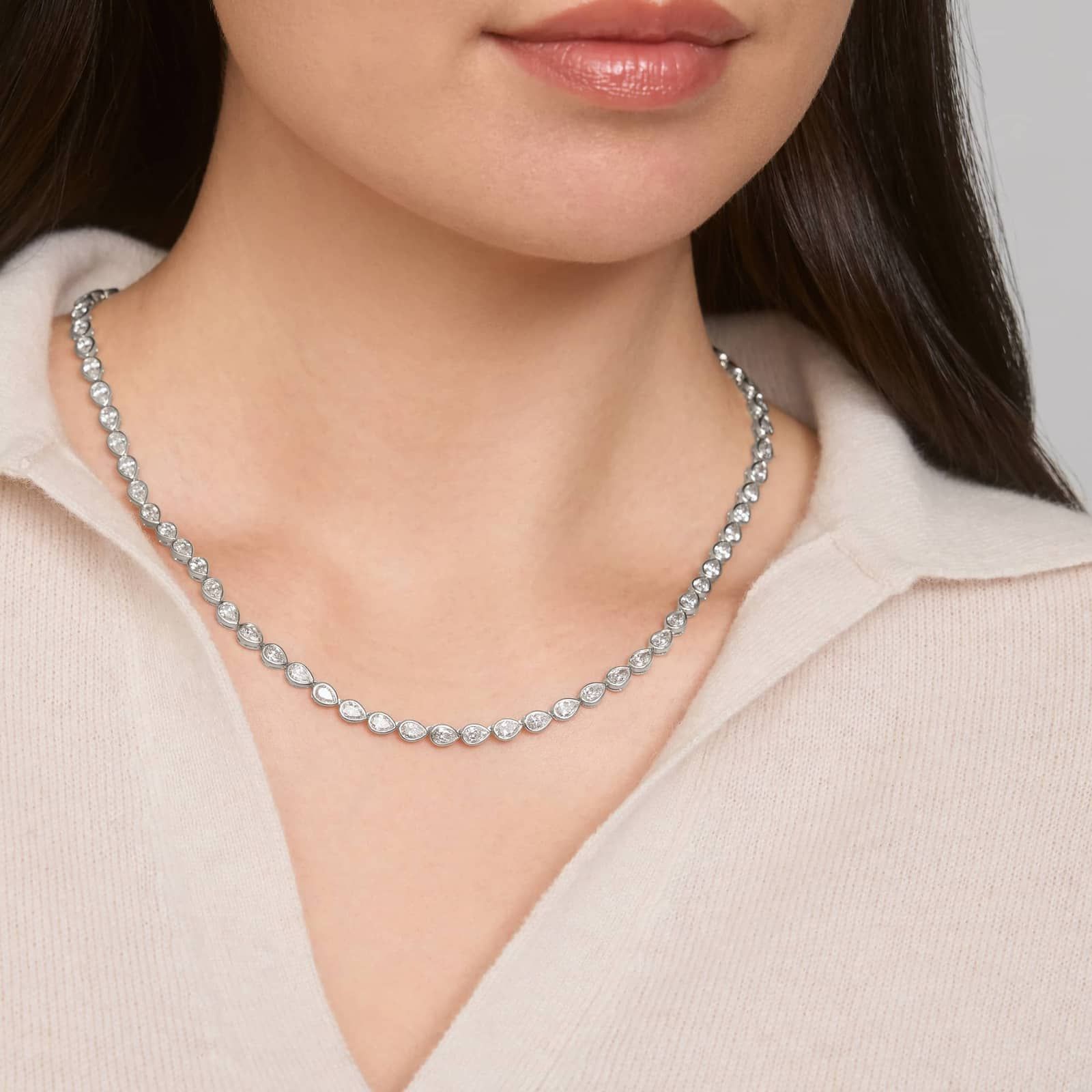 East-West Bezel Tennis Necklace With 15 CTW Pear Shaped Lab-Grown Diamonds in 14K White Gold