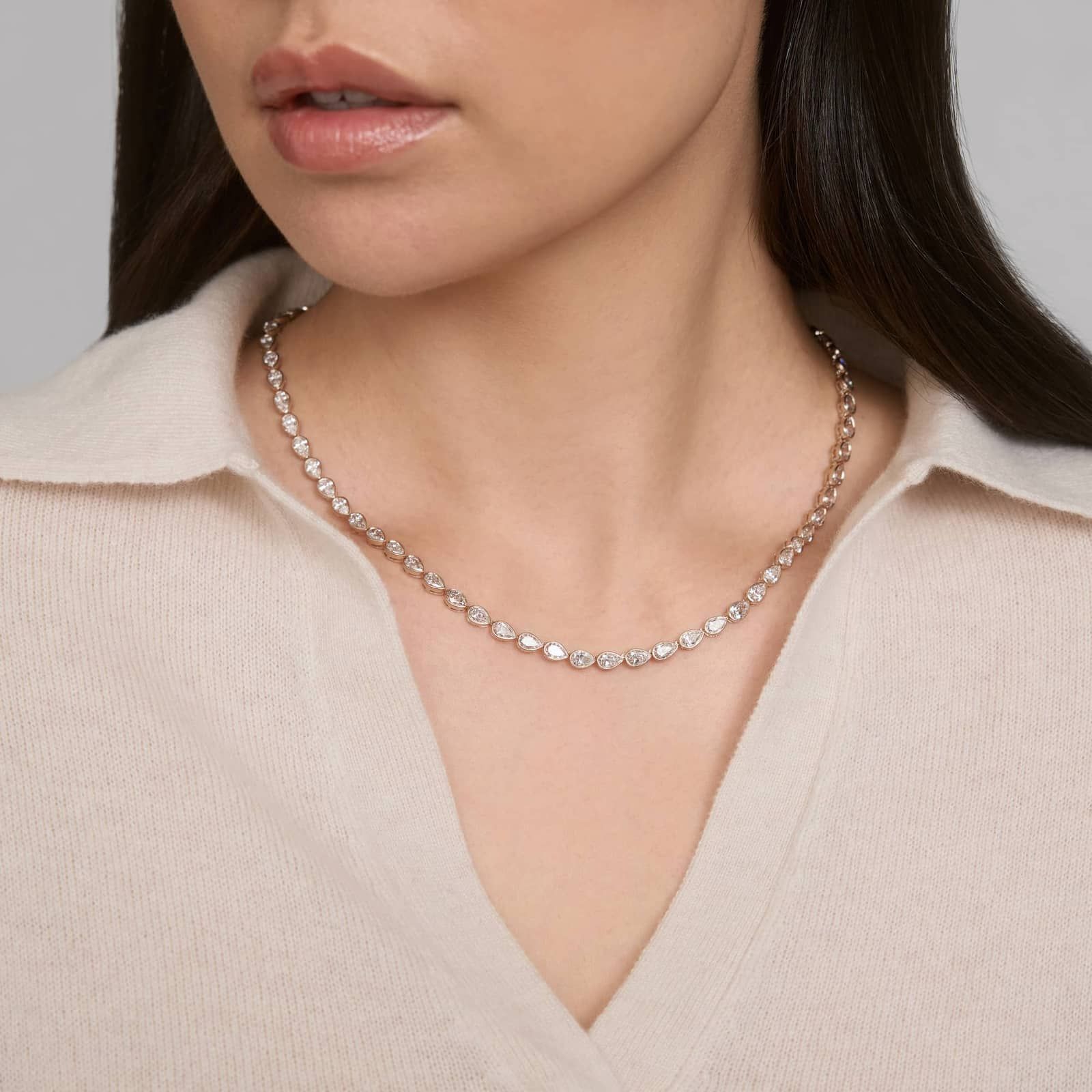 East-West Bezel Tennis Necklace With 20 CTW Pear Shaped Lab-Grown Diamonds in 14K White Gold